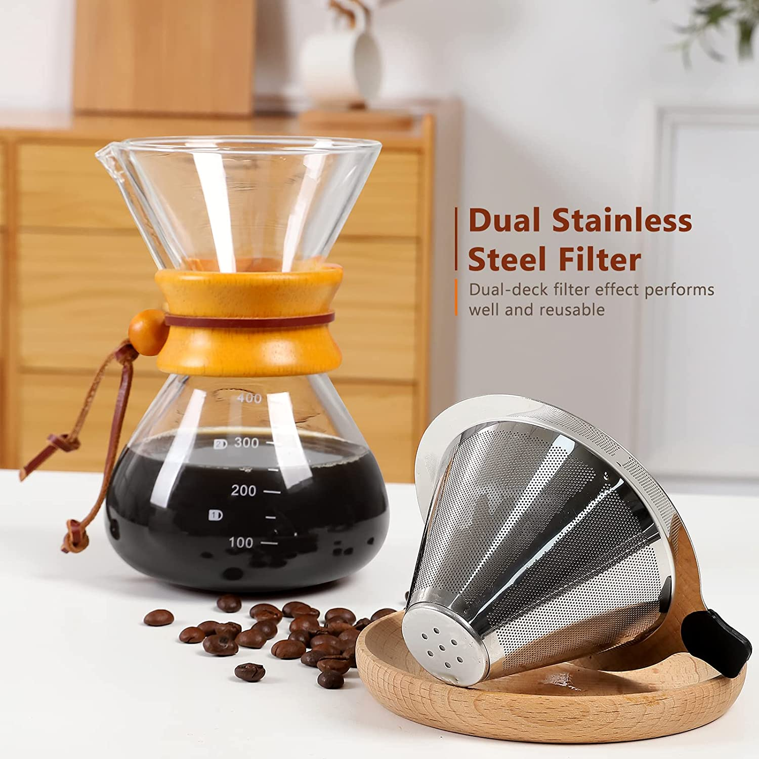 V60 Pour over Coffee Maker Glass Coffee Pot Manual Drip Coffee Brewer with Coffee Filter for Home, Travel (400 Ml, Brown) image number 4