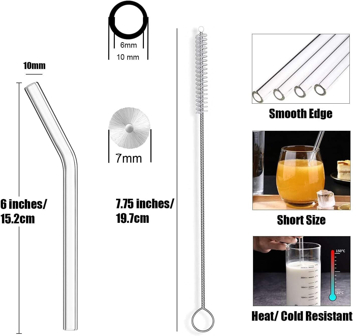 VITEVER Reusable Glass Straws, 6 in X 10 Mm Short Curved Clear Glass Cocktail Straws for Whiskey, Coffee, Soda, Water, Pack of 8 with Brush