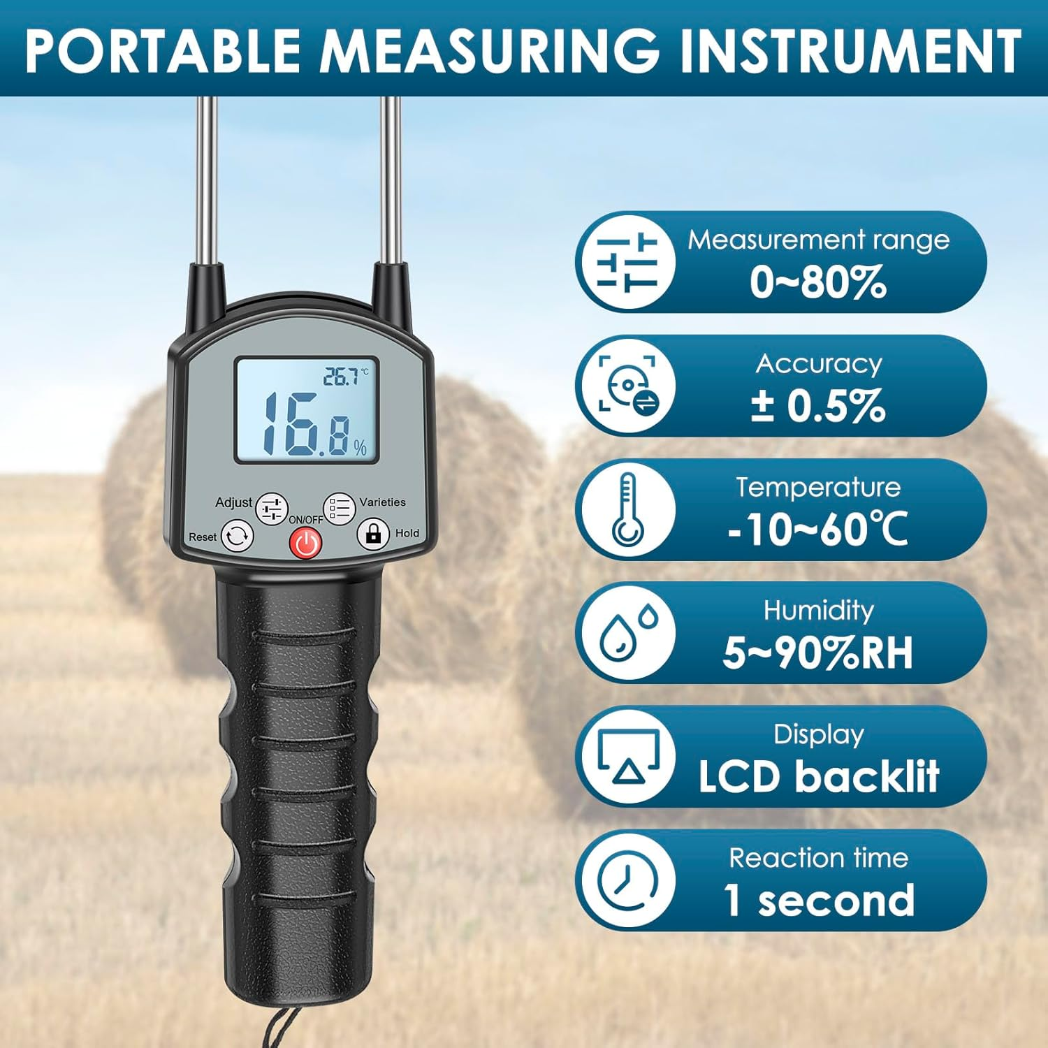 Wood Sawdust Meter, Hay Moisture Tester with Dual Probe, LED Display Hay Moisture Meter Accurate Measurement, Forage Humidity Tester for Alfalfa Forage Orchard Grass image number 2
