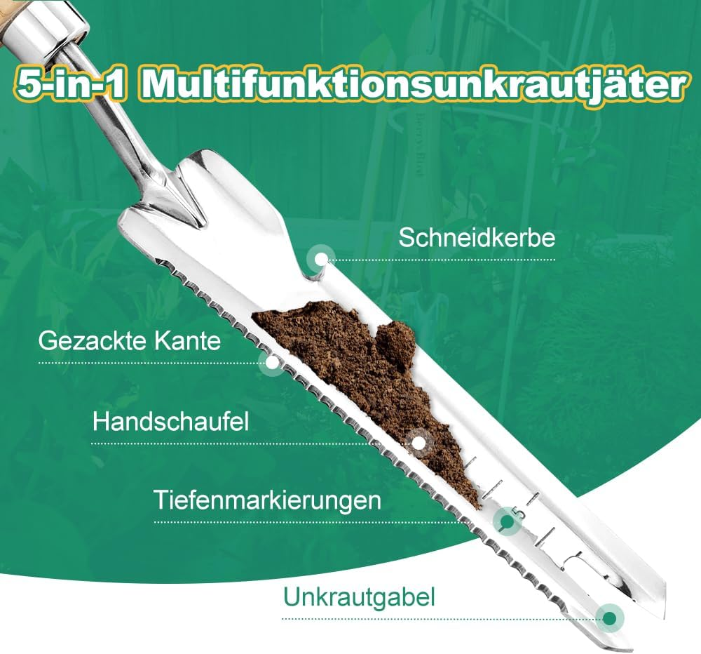 Berry&Bird Multifunctional Weeder 37.8 Cm, Weeder with Ash Handle, Stainless Steel Head with Measure, Hand Weeder for Garden, Grass and Soil, for Digging, Weeding, Loosening image number 1