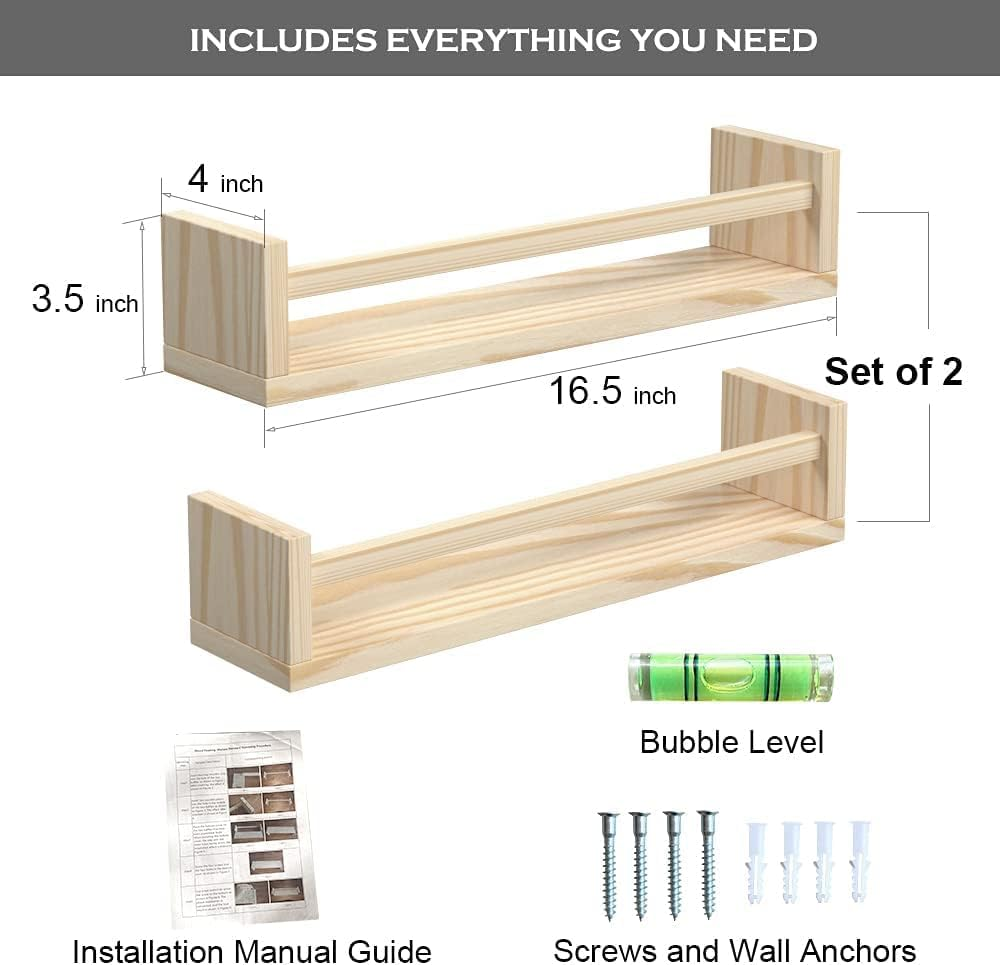 2 Piece Nursery Bookshelf,Childrens Room Floating Bookshelf,Wall Mounted Floating Bookshelf,Solid Nursery Bookshelf,Kitchen Bedroom Living Room Spice,Small Objects Placement Shelf(Natural Wood) image number 3