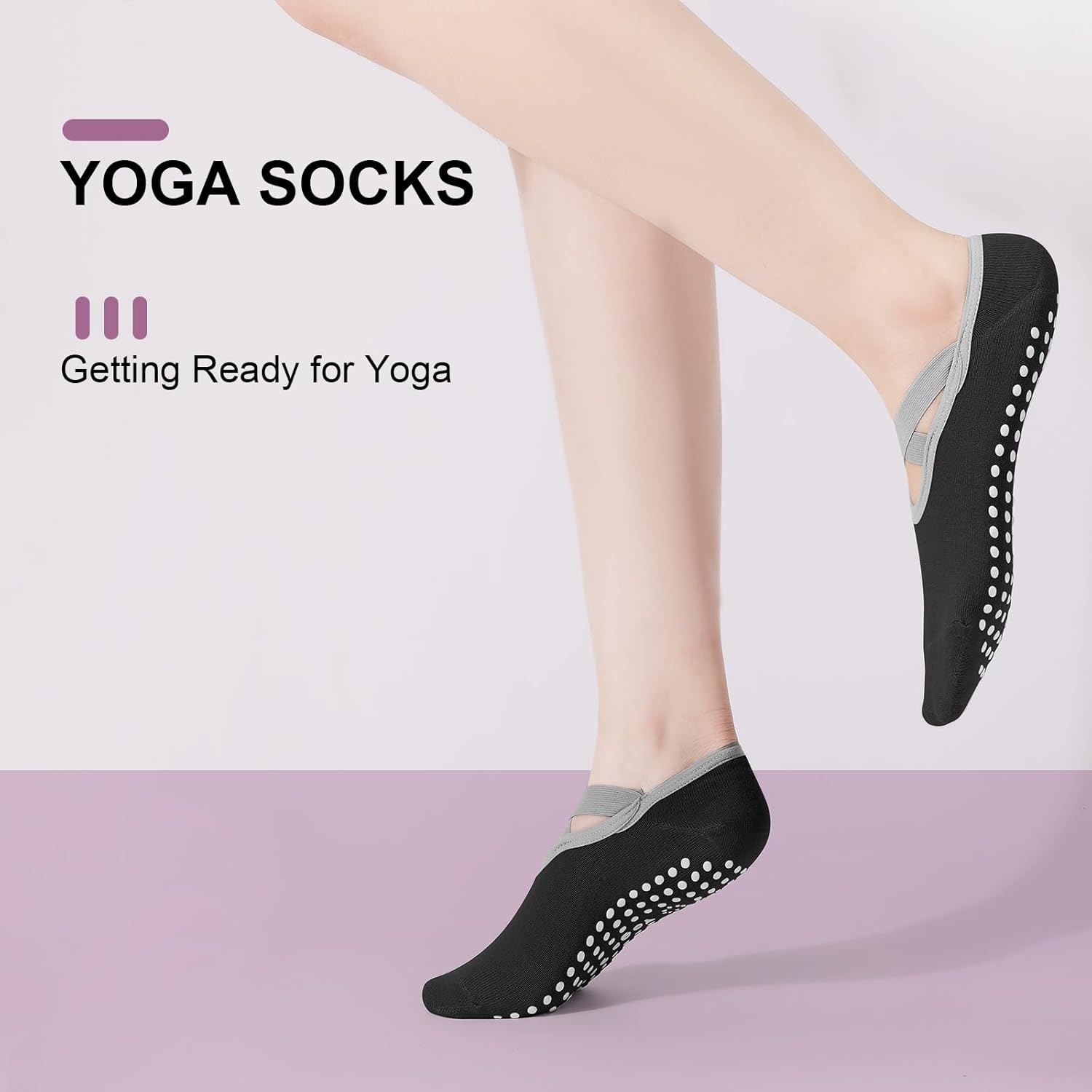 3 Pairs Pilates Socks with Cross-Straps for Women, Anti-Slip Pilates & Yoga Socks with Grips for Ygoa, Barefoot Exercises, Hospital, Indoor Workouts - Beige+Milk Tea+Grey image number 6