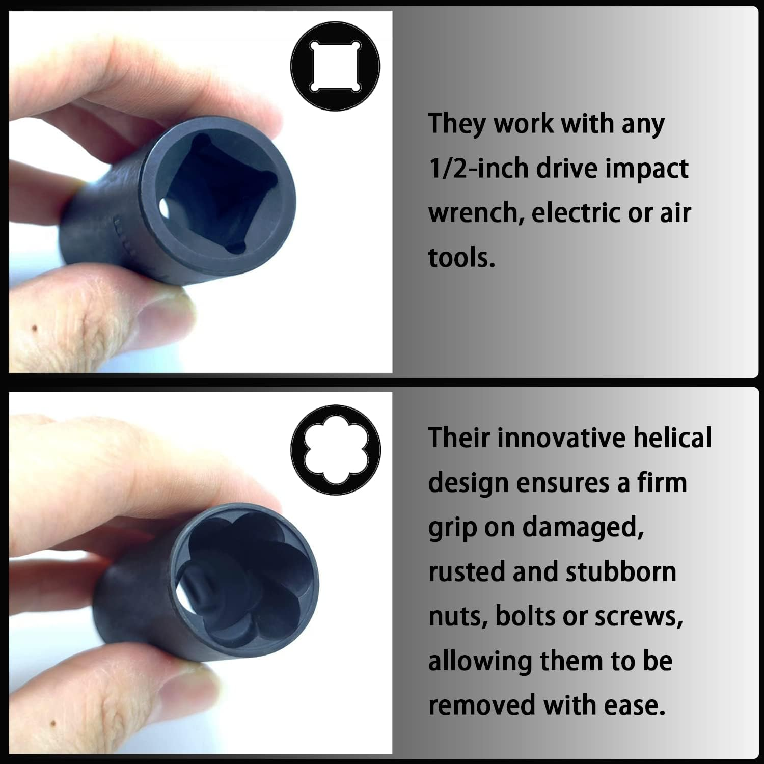 JEUCLEL 5PCS Twist Lug Nut Socket Set - 1/2 Inch Drive Damaged Nut Lock Remover Extractor - Rusted & Strip & Stripped & Stuck Locking Nut Removal Tool Kit with 17Mm 19Mm 21Mm 22Mm Sockets