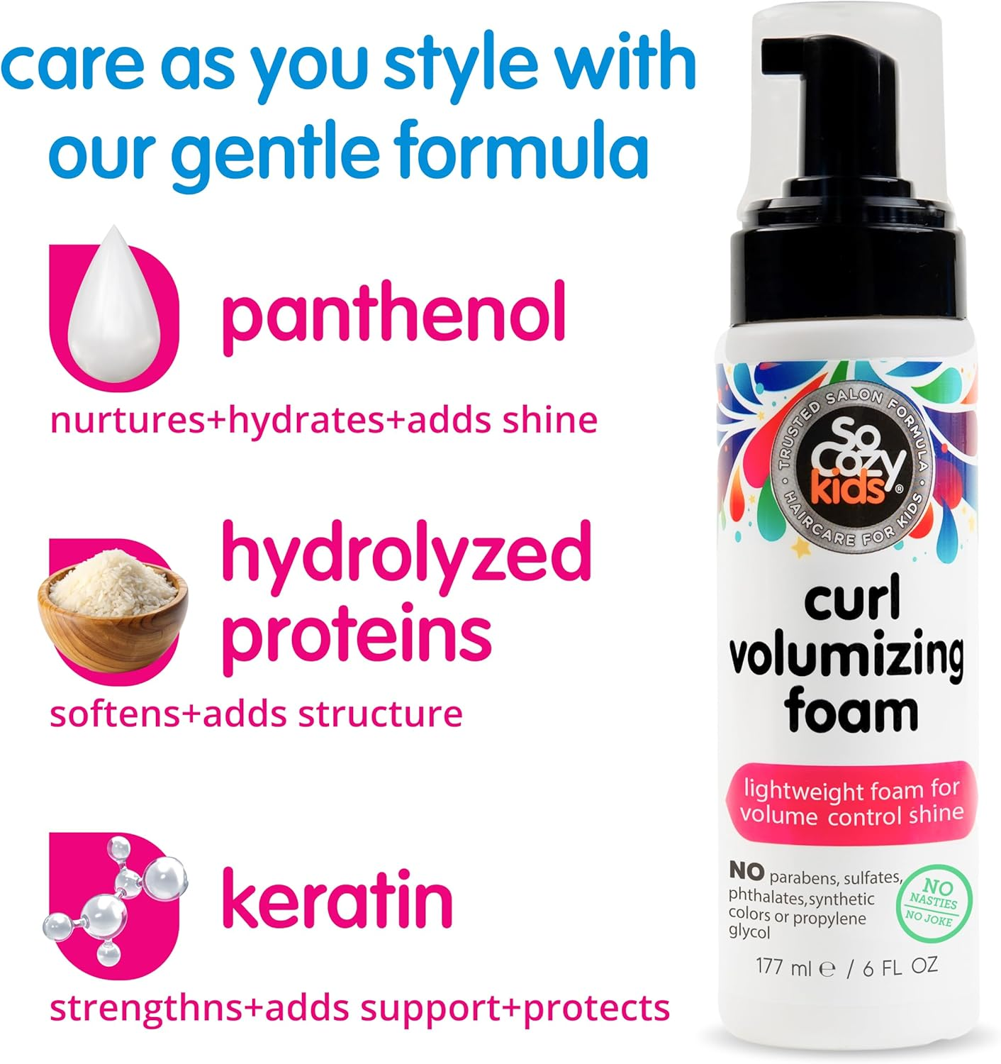Socozy Hair Mousse for Kids, Curl Volumizing Foam Mousse for Curly Hair (6 Fl Oz) Enhances Shine & Volume, Gentle Formula with Panthenol, Hydrolyzed Proteins & Keratin, Paraben & Sulfate-Free image number 5