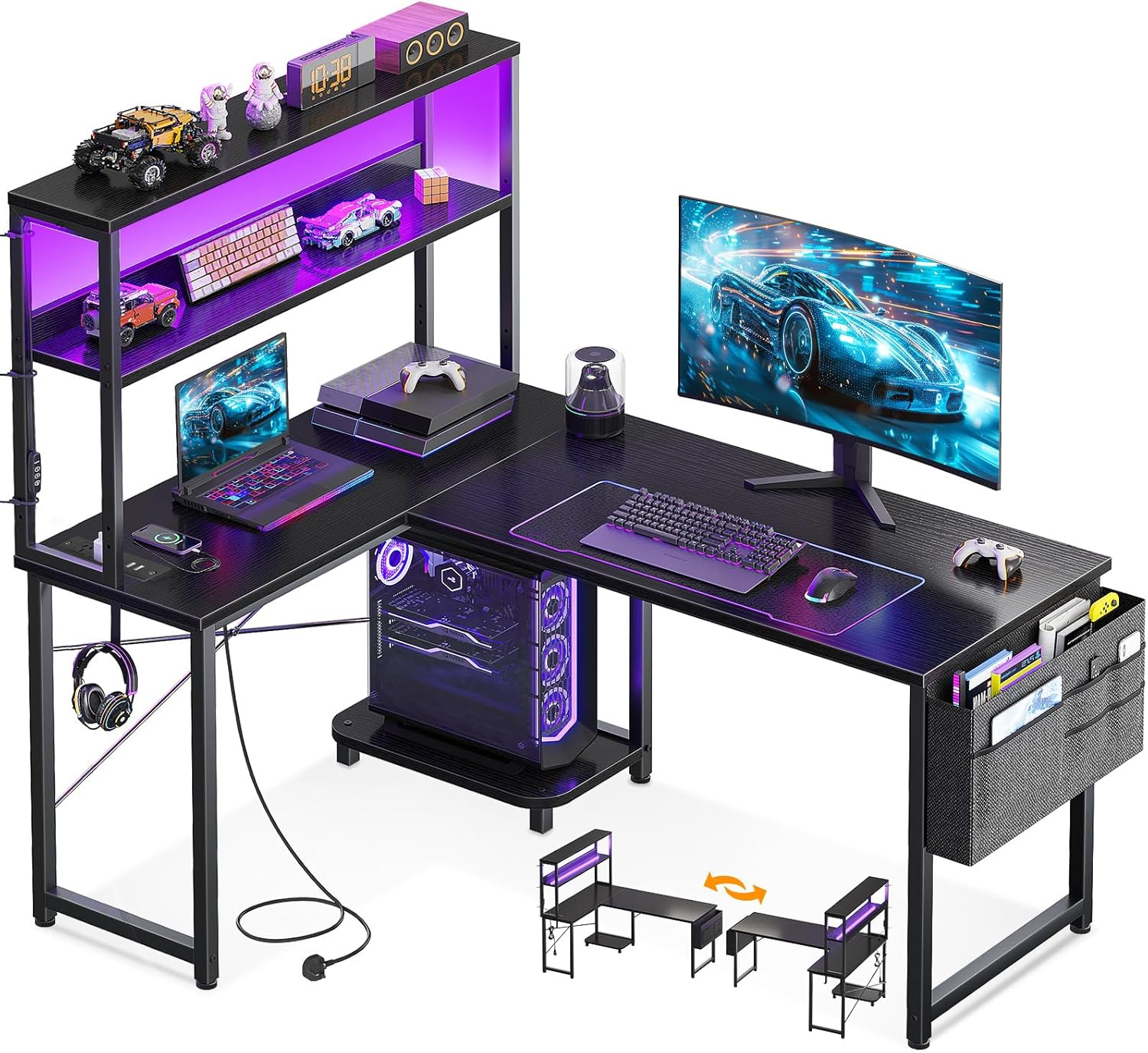 ODK L Shaped Gaming Desk with LED Lights & Power Outlet,Reversible Computer Desk with Adjustable Shelves, Corner Desk with Storage Bag & Headphone Hook for Home Office,Gaming,115 * 80 * 75.6Cm,Black