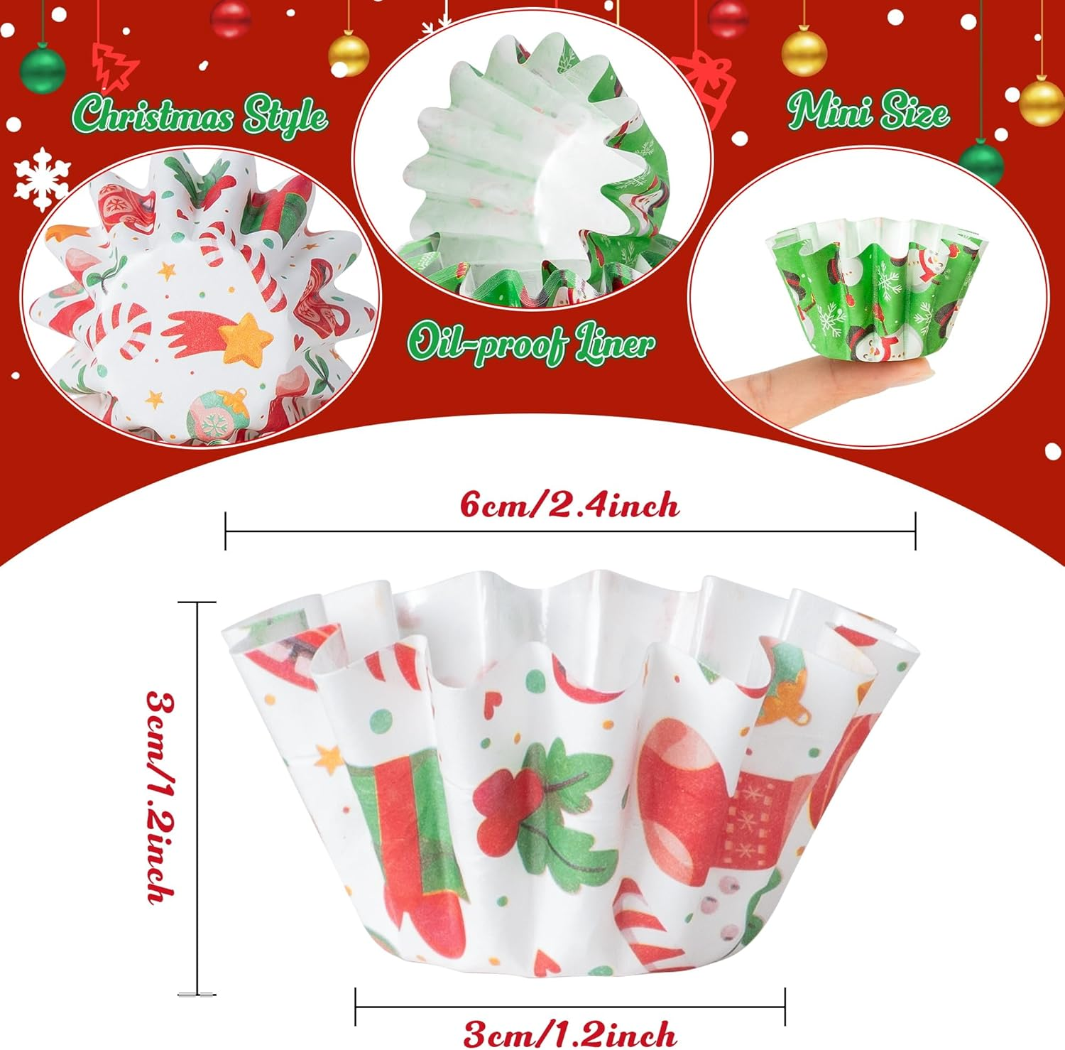 Cocnny Christmas Mini Cupcake Liners - 200Pcs Xmas Small Baking Cups Muffin Cupcakes Wrapper, Santa Snowman Disposable Grease-Resistant Cake Candy Making Wrap Paper for Christmas Eve Party (10 Styles) image number 4
