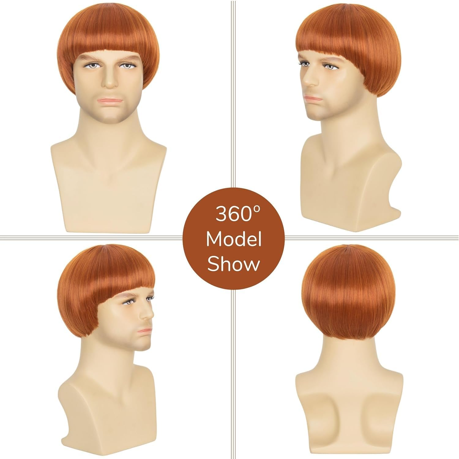 Men'S Retro Bowl Cut Costume Wig, Short Straight Brown Mushroom Bob Style for Cosplay, 60S Theme (Ginger) image number 3