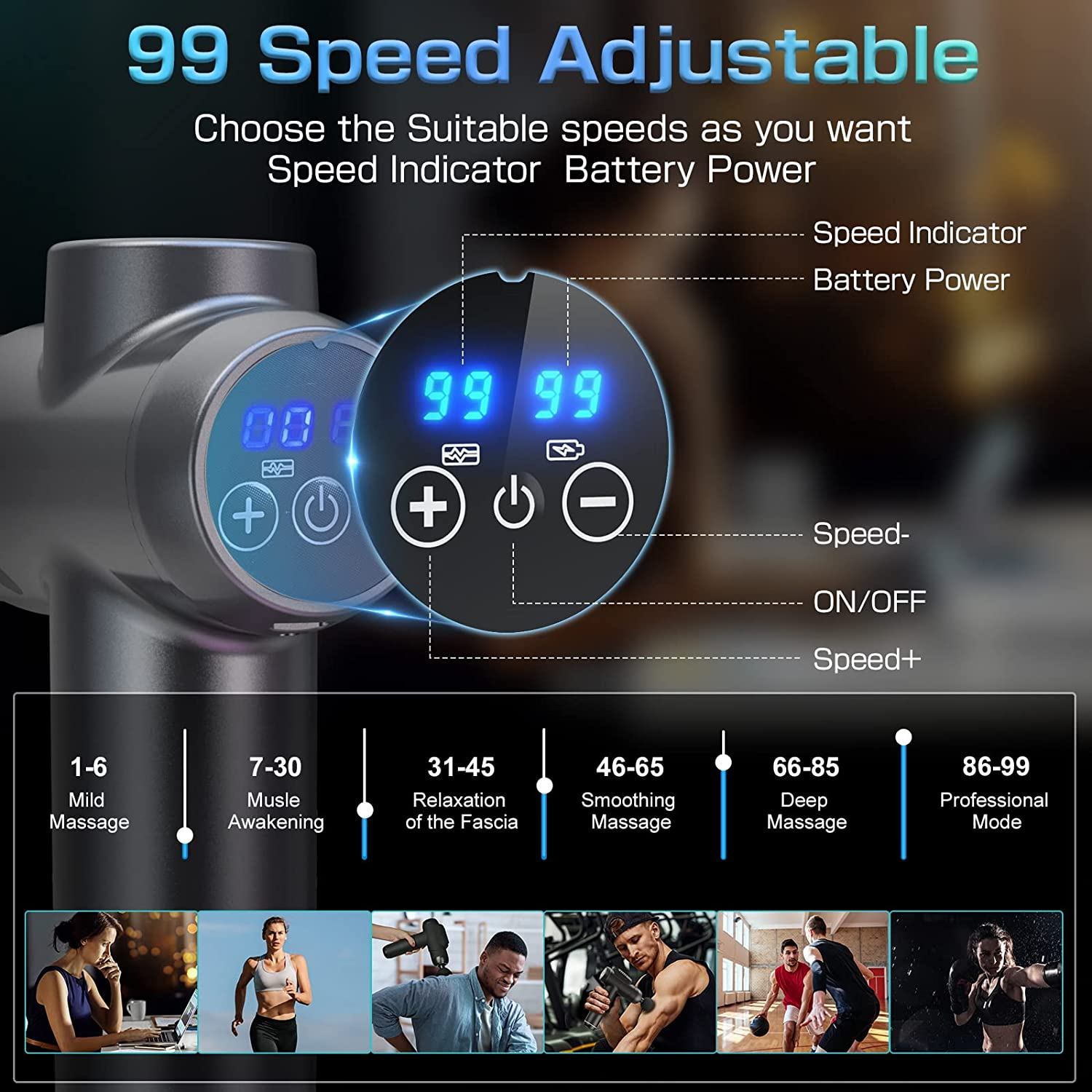 Massage Gun, Deep Tissue Massager Electric Handheld Massagers with 6 Heads 99 Adjustable Speeds Hand Massager with LCD Display Screen Rechargeable for Muscle Pain Relief Recovery image number 6