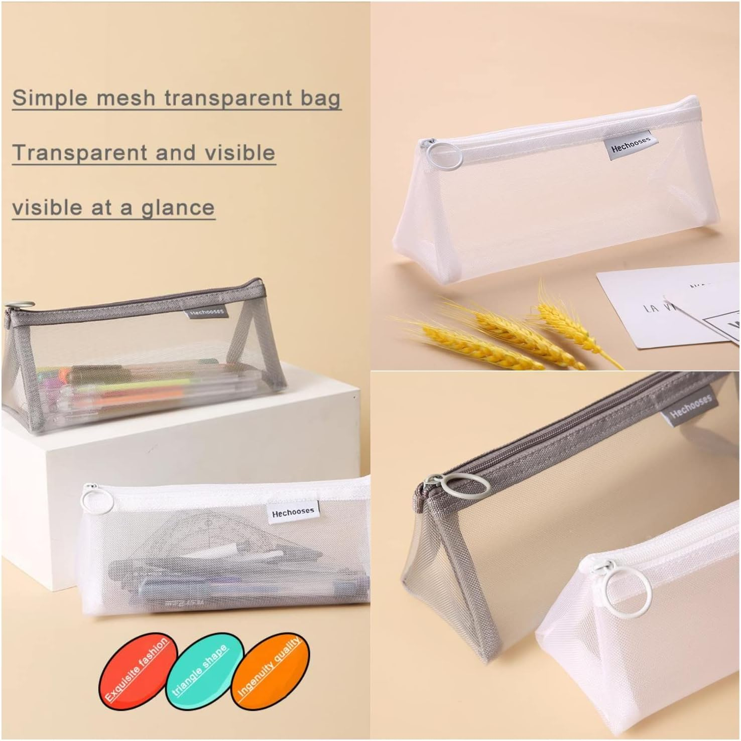 Mesh Cosmetic Bag Portable Clear Makeup Bags Mesh Zipper Pouch for Home Office Travel Accessories Organizer (2PCS White & Grey), Triangle-White-Grey-Black, S, [Value Pack] Package Includes 3 - Black And Grey image number 2