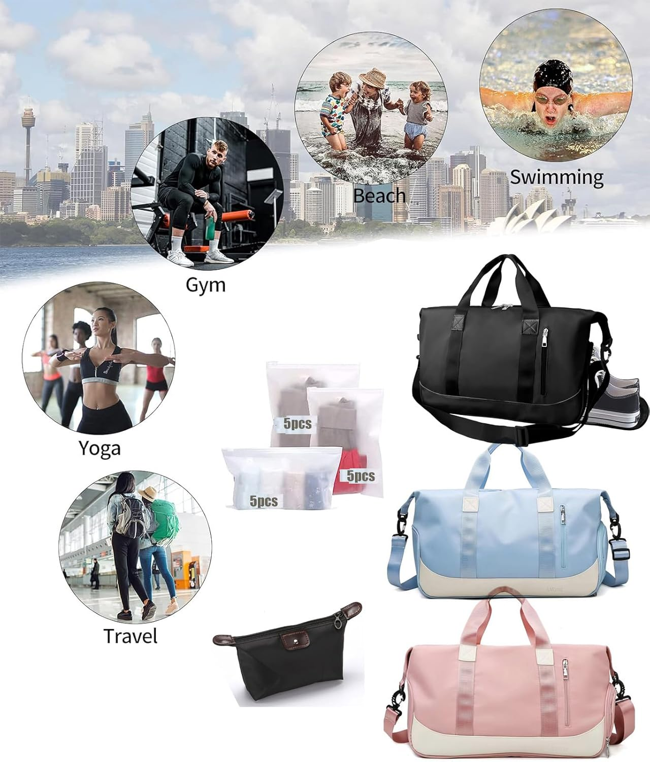 Sports Gym Bag for Women and Men Travel Duffel Bag Overnight Shoulder Carrier Weekender Carry on Workout Carrier Portable Athletic Tote with Shoes Compartment & Wet Pocket (Black) image number 4