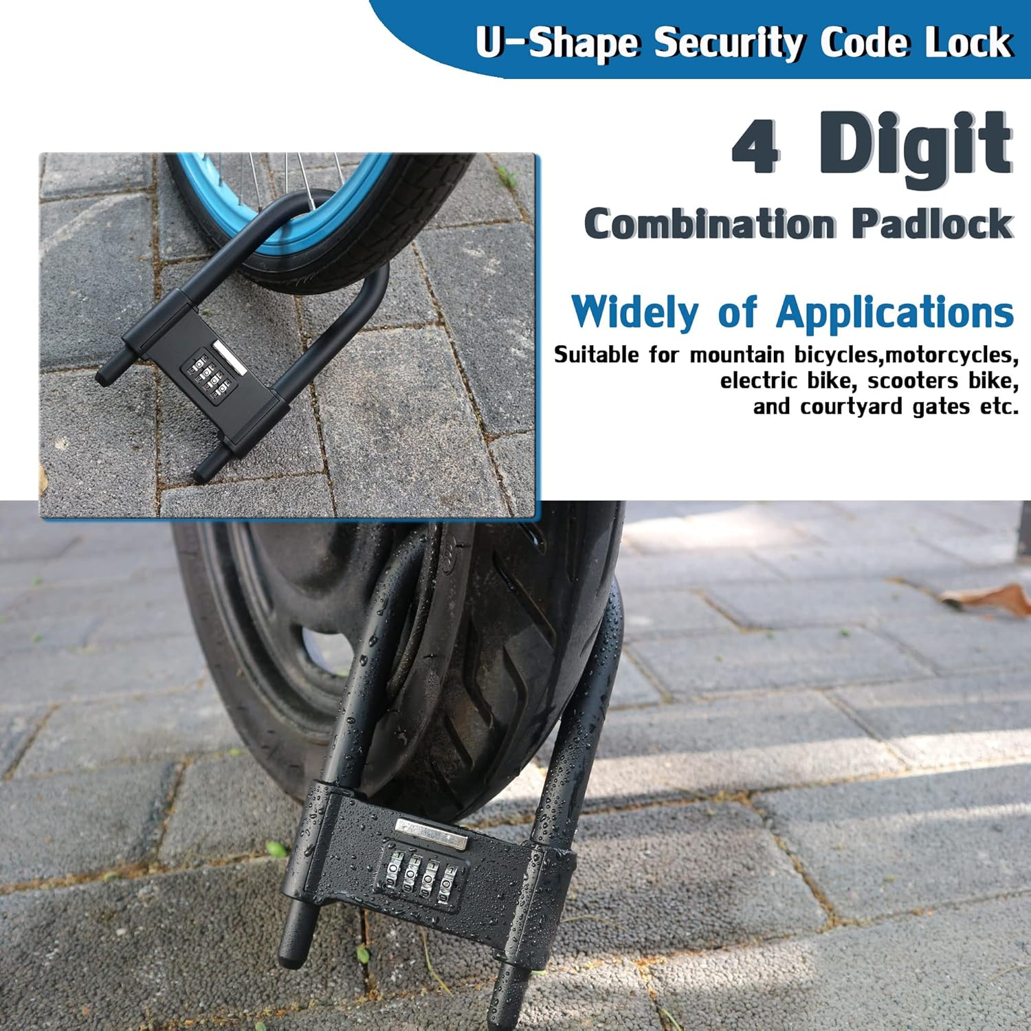 4 Digit Combination Padlock, Heavy Duty anti Theft U-Shape Security Code Lock with Adjustable Shackle,For Bicycles,E-Bike,Mountain Bike,Gates,Shed,Fence [Adjustable Range 120-140Mm] - X-Large(12.0*4.52") image number 7
