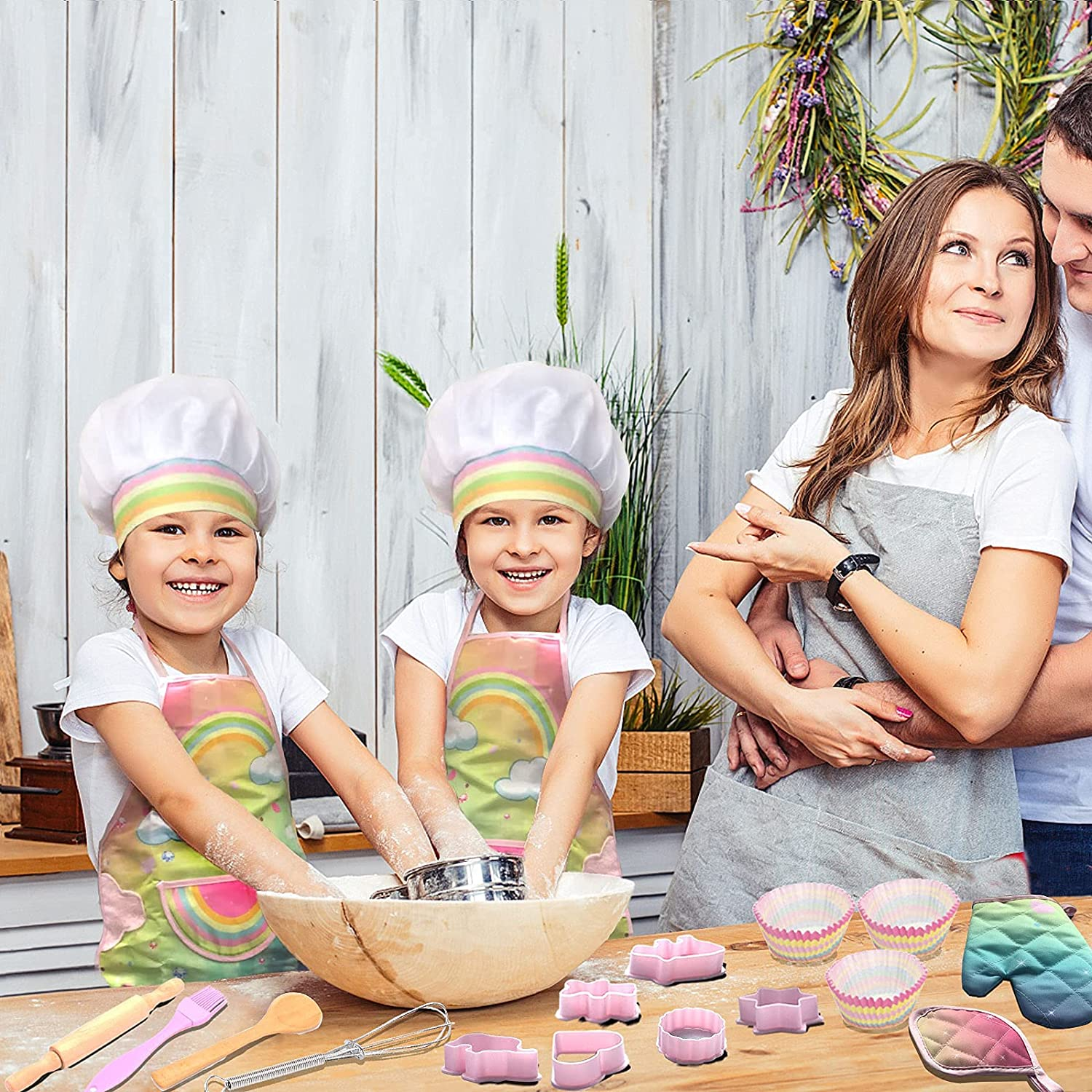 Real Kids Cooking and Baking Set - 26 Pcs Kids Chef Role Play Costume Set Includes Rainbow Apron, Chef Hat, Cooking Mitt, Utensils, Cupcake Molds for Toddler Boys and Girls Ages 3+ image number 2