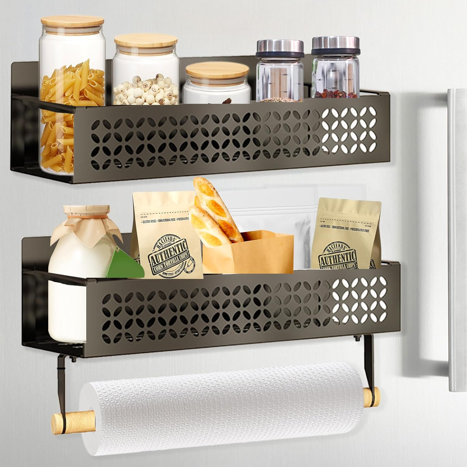 Janxin Spice Rack, Magnetic Spice Rack, No Drilling, Spice Rack, Kitchen Shelf No Drilling, with Paper Towel Holder, Suitable for Kitchen Organisation and Fridge (Black) image number 6