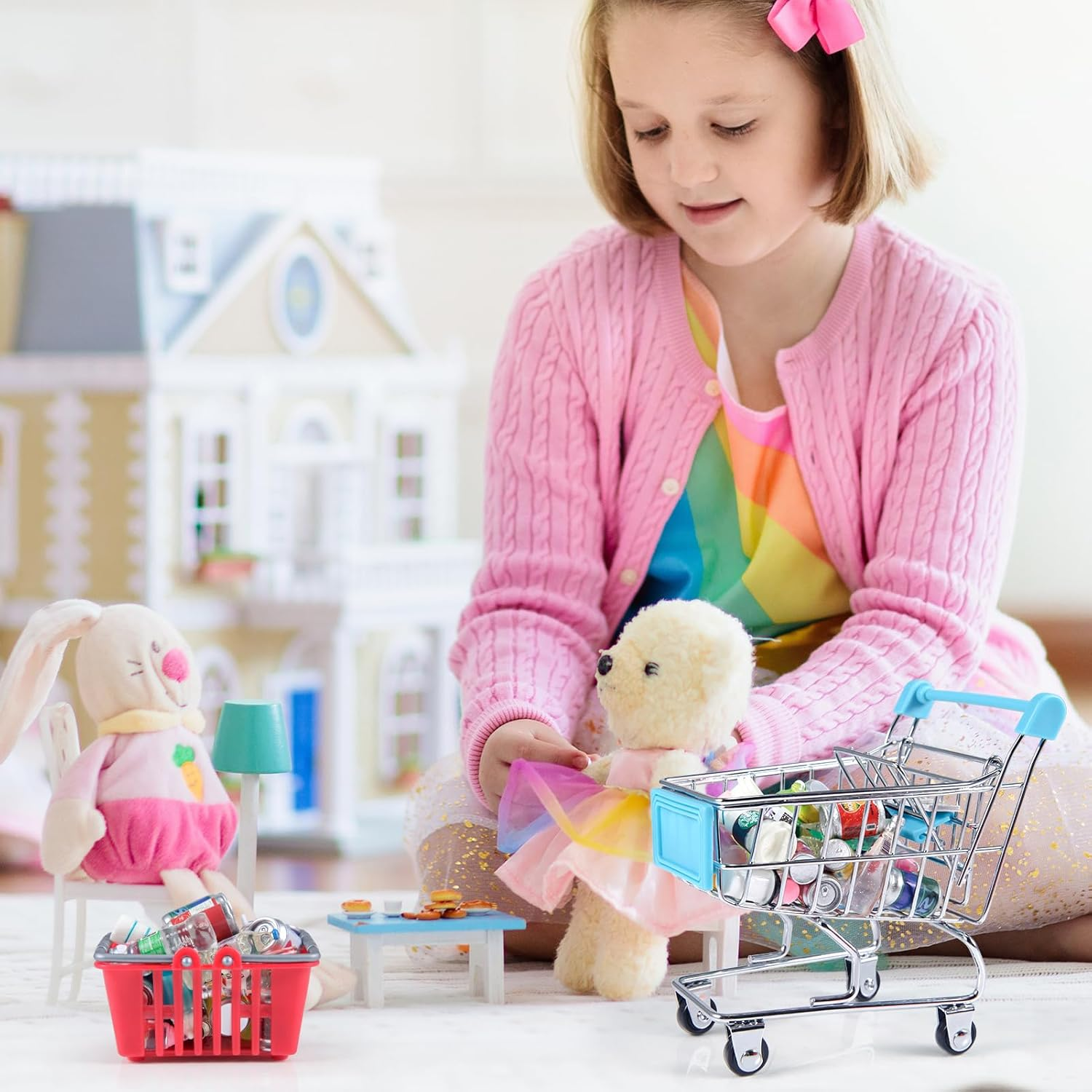 HSJH 134Pcs Mini Shopping Cart Basket Miniature Food Drink Bottle Supermarket Metal Handcart Toys Doll House Store Cosplay Game Dollhouse Grocery Fruit Cake Bread Party Trolley Model Dollar Bills image number 6