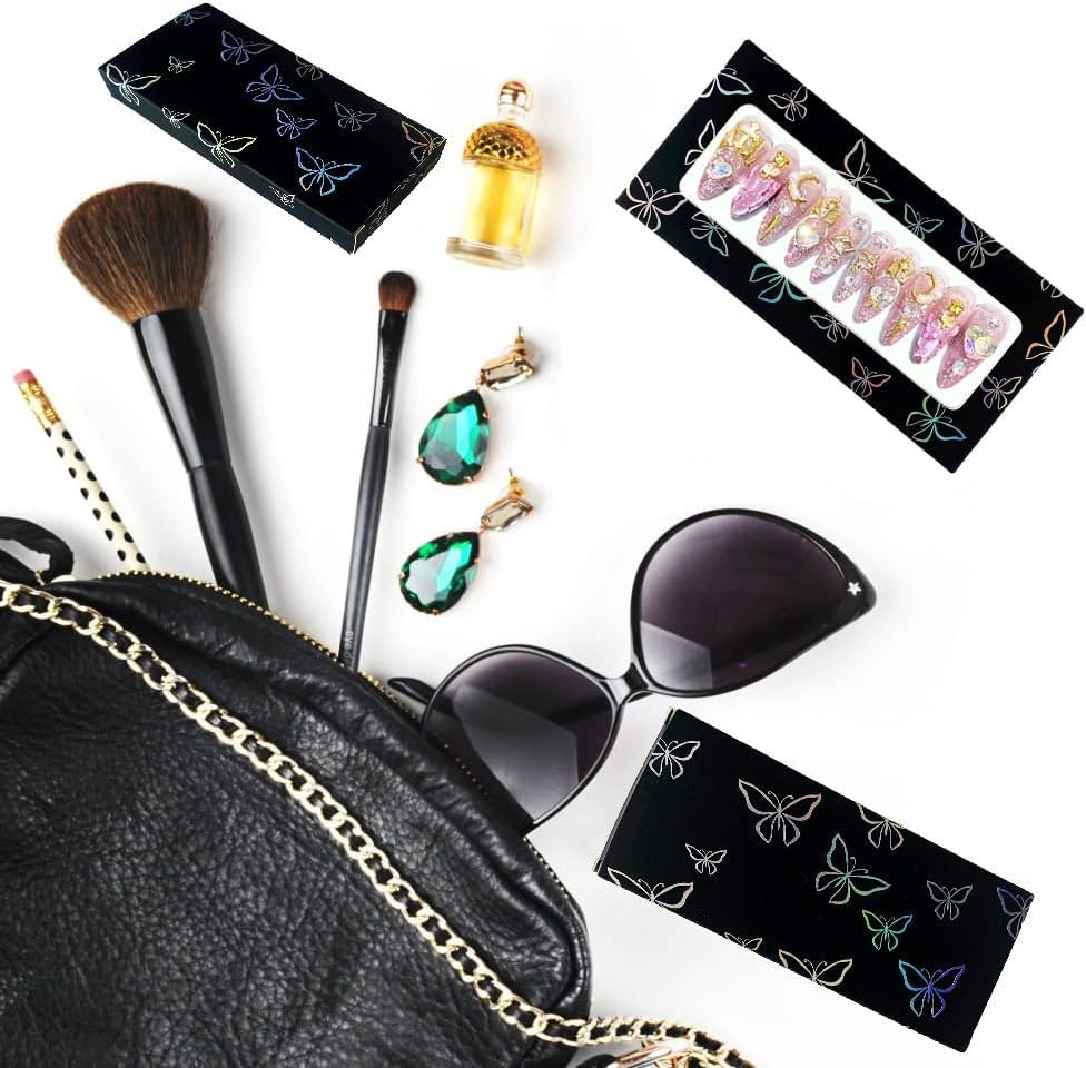 HLQHXWHZT 71 Pcs Empty Press on Nails Packaging Box 35 Pcs White Background Papers and 1 Double Sided Tape, Empty Nail Package Box Set for Press on Nail Business (Black)&hellip;