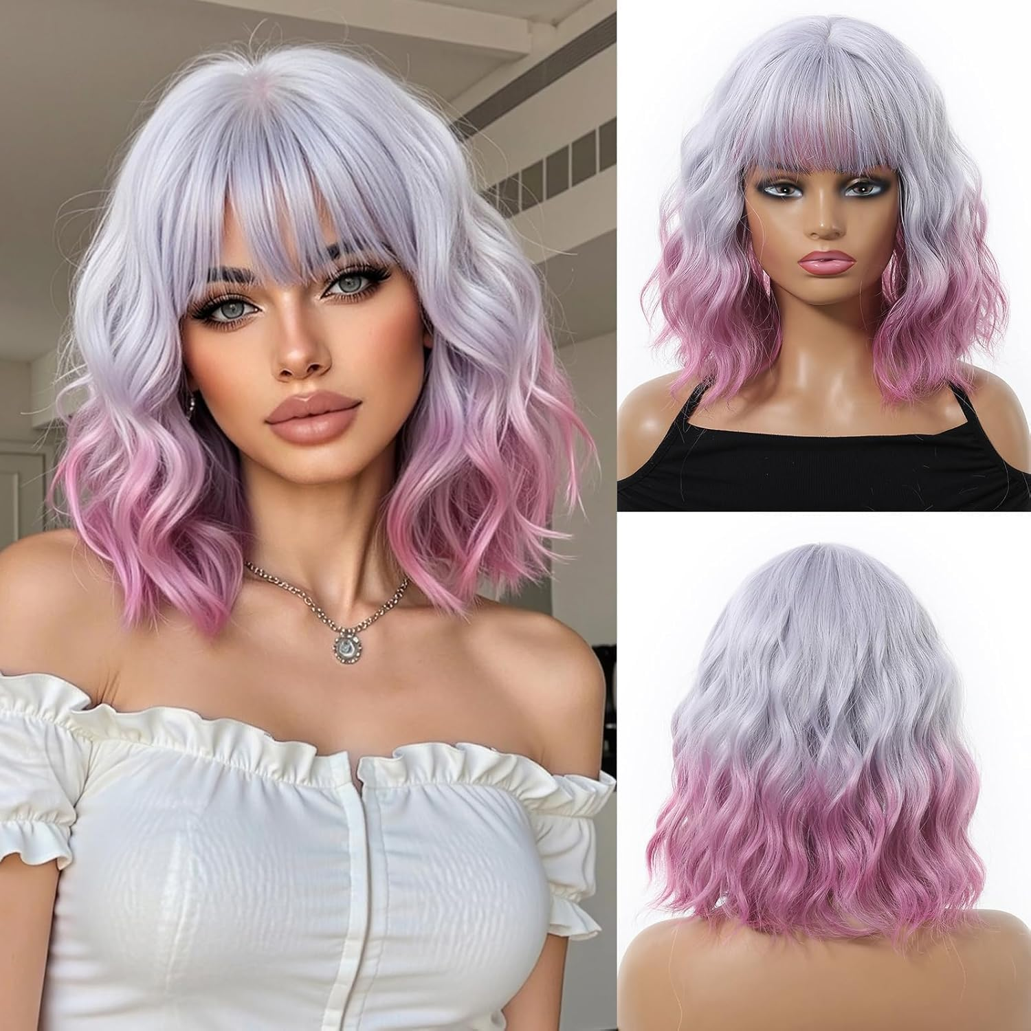 PORSMEER 10&ldquo; Short Wavy Bob Light Purple to Rose Wigs with Fringe for Women Wave Bob Curly Wig Synthetic Natural Looking Heat Resistant Fiber Wig (Purple/Pnk) - Dark Brown image number 5