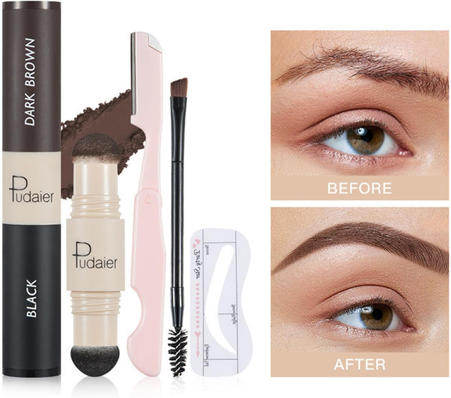 Brown and Medium Brown Eyebrow Stamp Stencil Kit with Dual-Color Eyebrow Stamp Pomade,20 Reusable Eyebrows Stencils, Brush, Razor, Waterproof Eye Brow Stamping and Shaping - Brown-Medium Brown image number 3