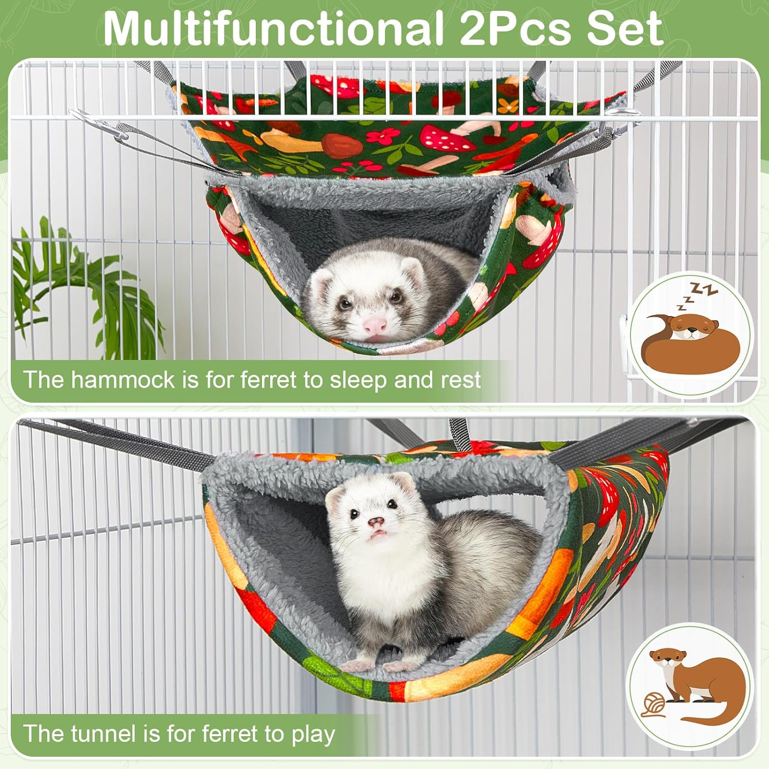 Hedgeink 2 Pcs Ferret Rat Hammock Set for Cage, Washable Guinea Pig Hideout Bed with Soft Tunnel Toys, Small Animal Accessories for Ferrets, Rats, Hamsters, Hedgehogs & Sugar Gliders image number 4