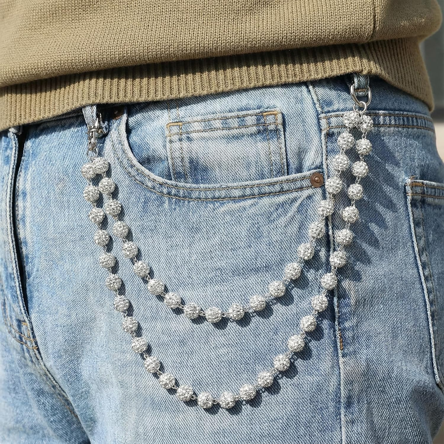 Ceramic Bead Wallet Chain, Sparkly Pants Chain for Men Women, Bohemian Streetwear Pant Chain with Rhinestones, Shiny Edgy Pant Accessories for Men Women Hipster Jeans Chains, Clothing Bag Accessories image number 2