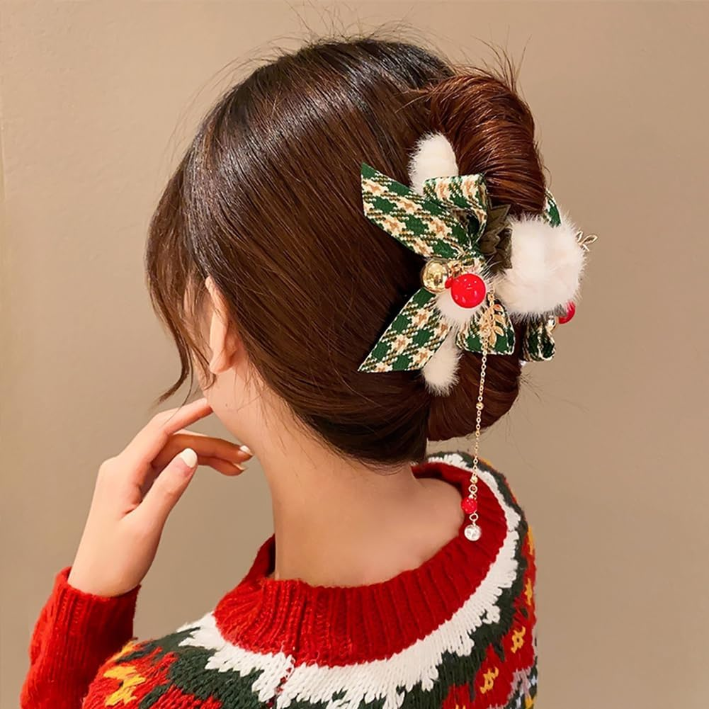 2 PACK Plush Hair Claw Clips with Tassels, Xmas Plaid Bows Hairpins Nonslip Claw Clip with Bells for Women Christmas Hair Claws image number 6