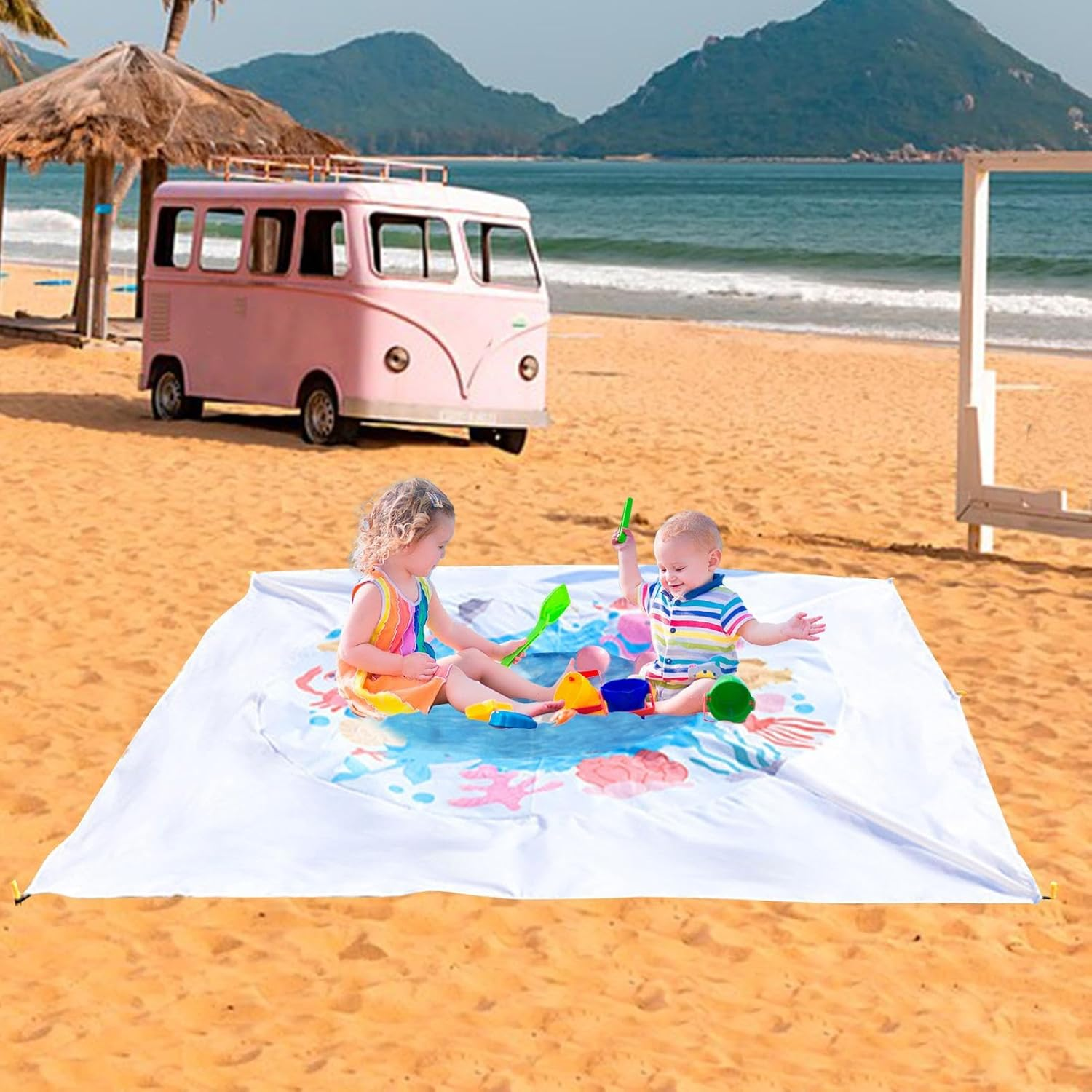 6.5 X 6.5 Ft Paddling Pool,Kiddie Pool and Beach Blanket,Sandproof Waterproof Folding 2 in 1 Beach Blanket,For Outdoor Picnic Vacation image number 2