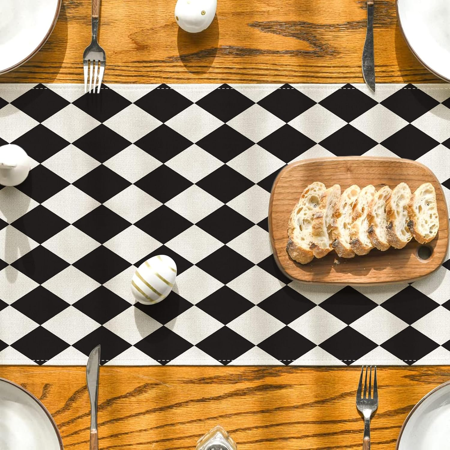 Black and White Diamond Table Runner Tea Themed Party Decor Picnic Holiday Checkered Table Cover Black and White Decorations for Simple Life Home Party image number 6