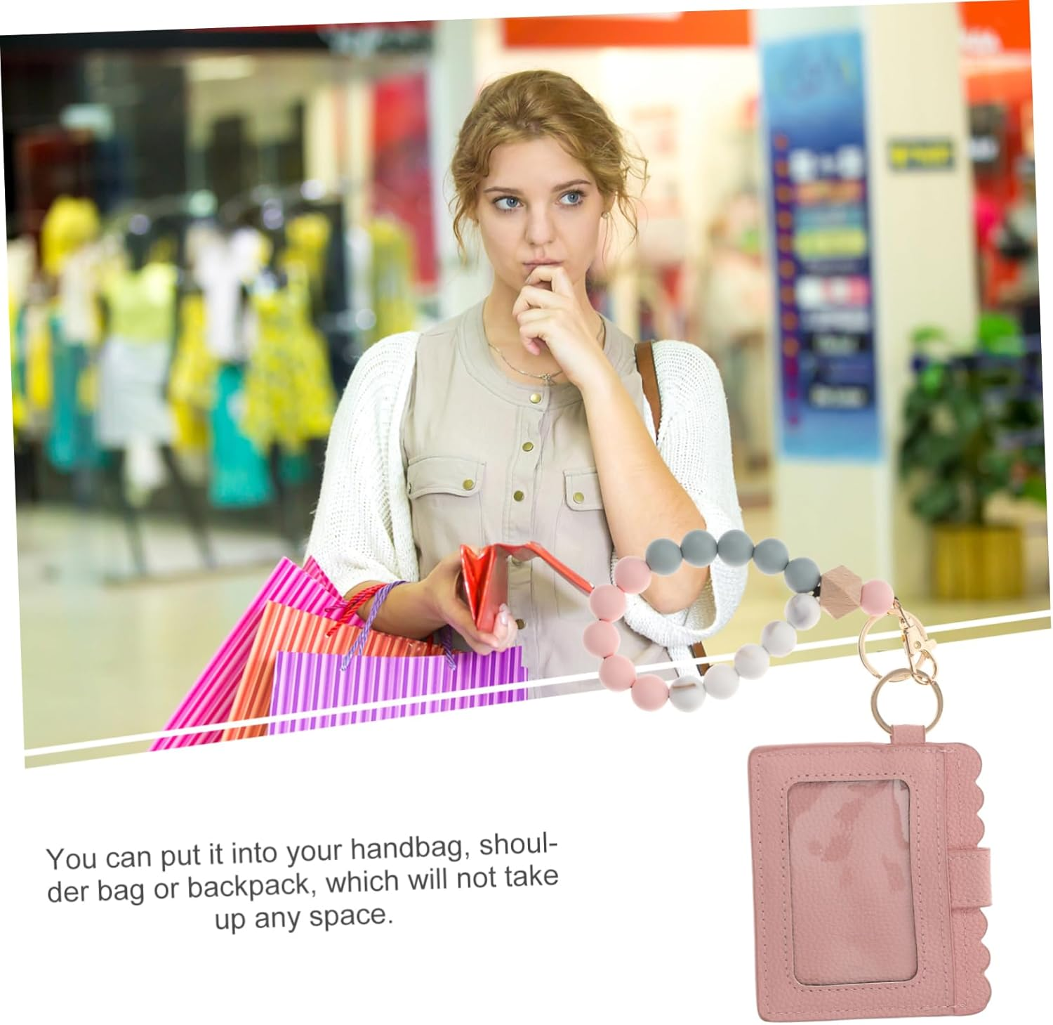 Pink Beaded Bracelet Key Ring Card Pouch Leather Wristlet Coin Pocket Portable Outdoor Keychain for Women image number 2