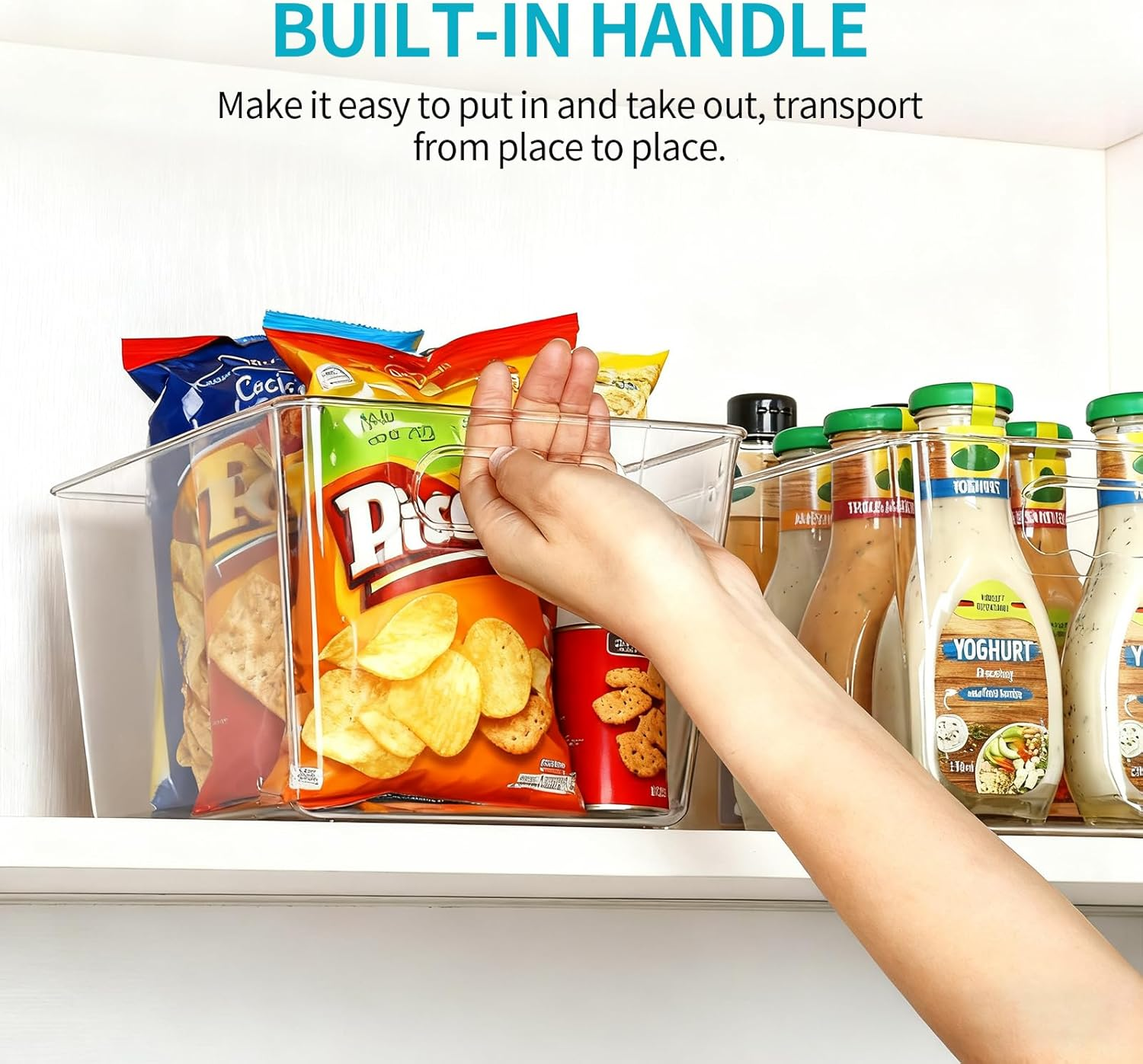 6 PCS Pantry Organiser, Food Containers for Fruits, Vegetables, Snacks, Clear Plastic Kitchen Storage & Organisation Bins with Handle, Medium Snack Box for Fridge, Cabinet, Countertops