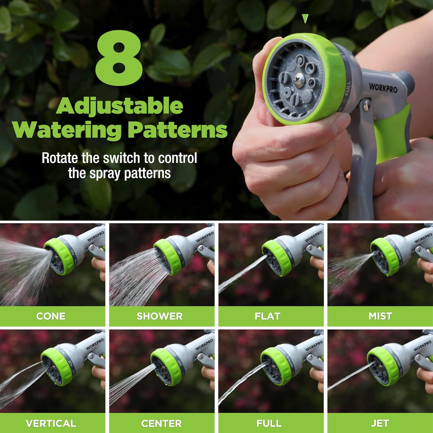 WORKPRO Garden Hose Nozzle, High Pressure Water Hose Sprayer with 8 Adjustable Watering Patterns & Thumb Control Design, Garden Metal Nozzle Heavy Duty in Garden for Cleaning, Watering, Washing image number 4