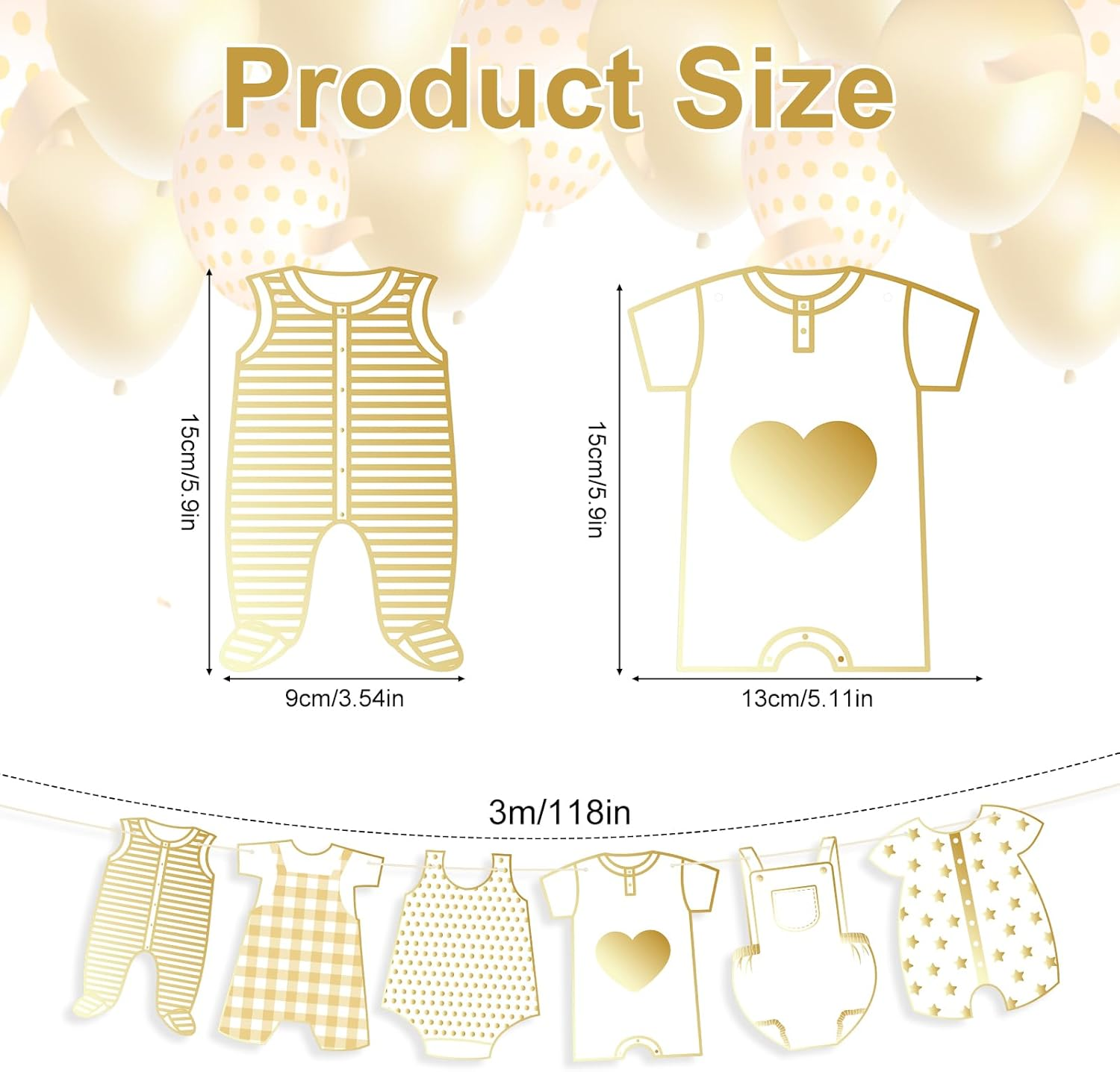 2Pcs Neutral Gold Baby Shower Paper Garland, Pre-Assembled Baby Boy Banner Baby Girl Sign Gender Reveal Decorations Various Baby Clothes Banner for Welcome Newborn Party Supplies Photo Props image number 4