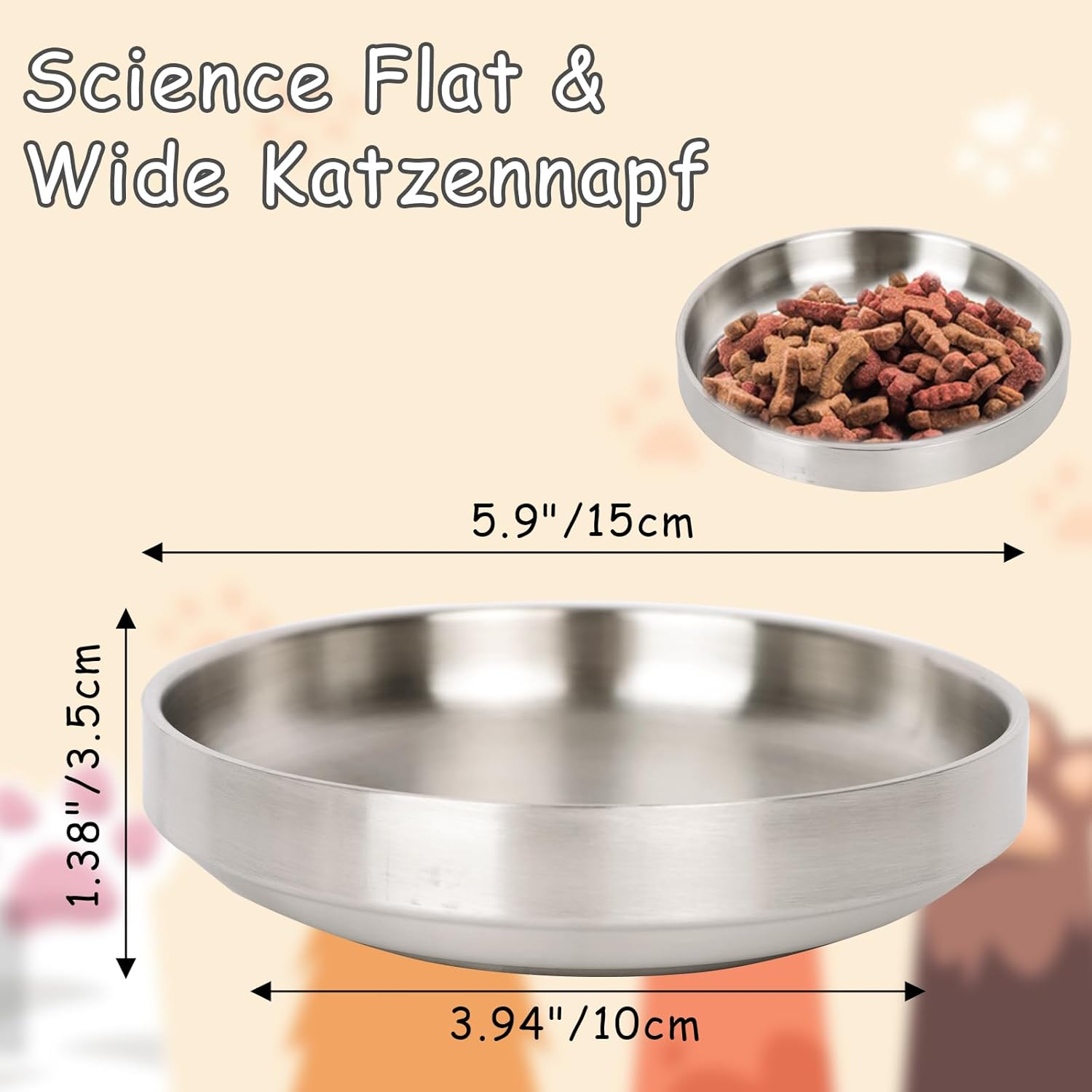 Lollanda Cat Bowl, Flat Stainless Steel, 2 X Feeding Bowls, Cat Stainless Steel, Cat Bowls, Metal 304, Feeding Bowl, Cat Bowl, Drop-Proof, Easy to Clean image number 1