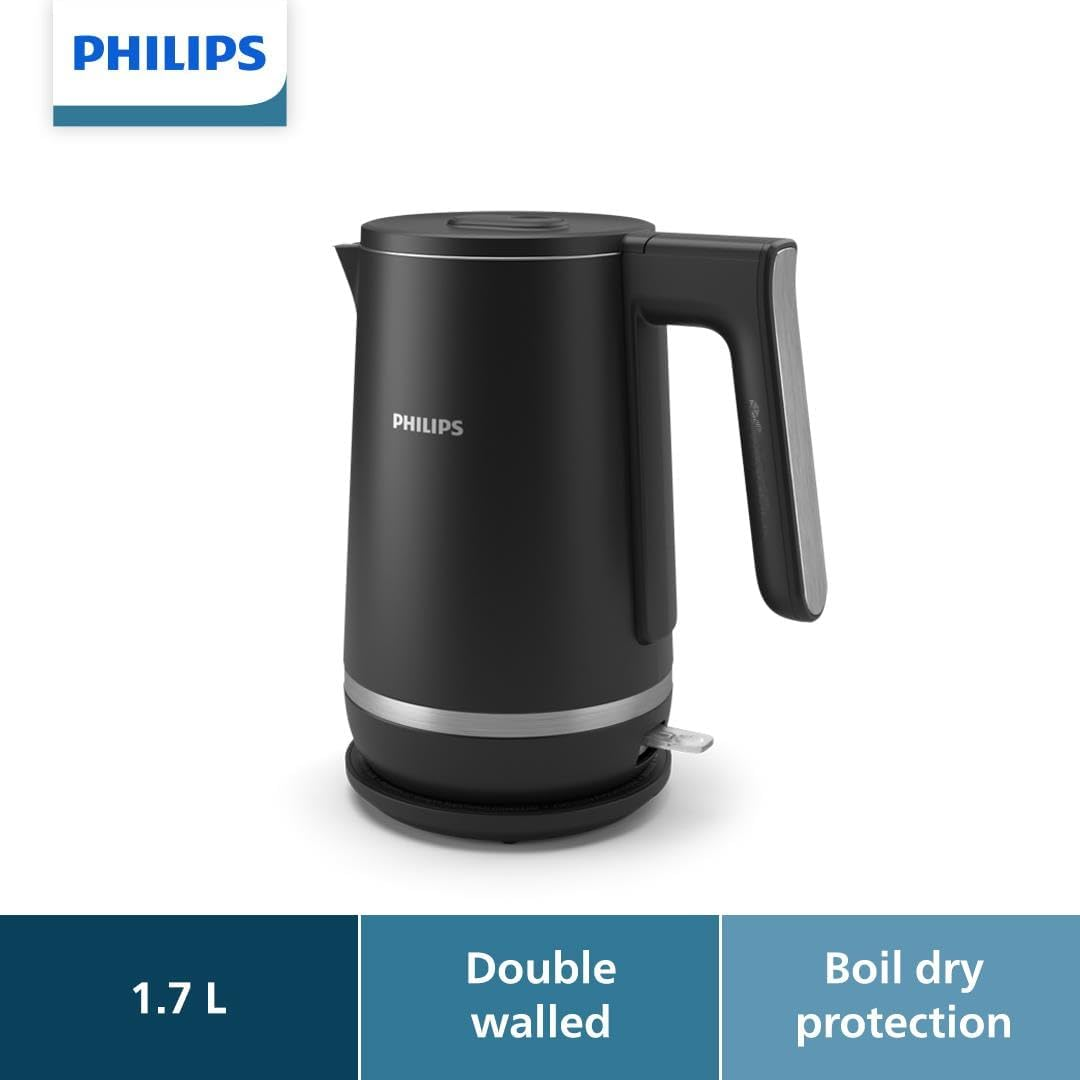 Philips Series 5000 Double Walled Kettle - Family-Sized 1.7L Capacity, Stainless Steel, Boil Dry Protection, Safe-To-Touch Exterior, Black (HD9395/90) image number 2