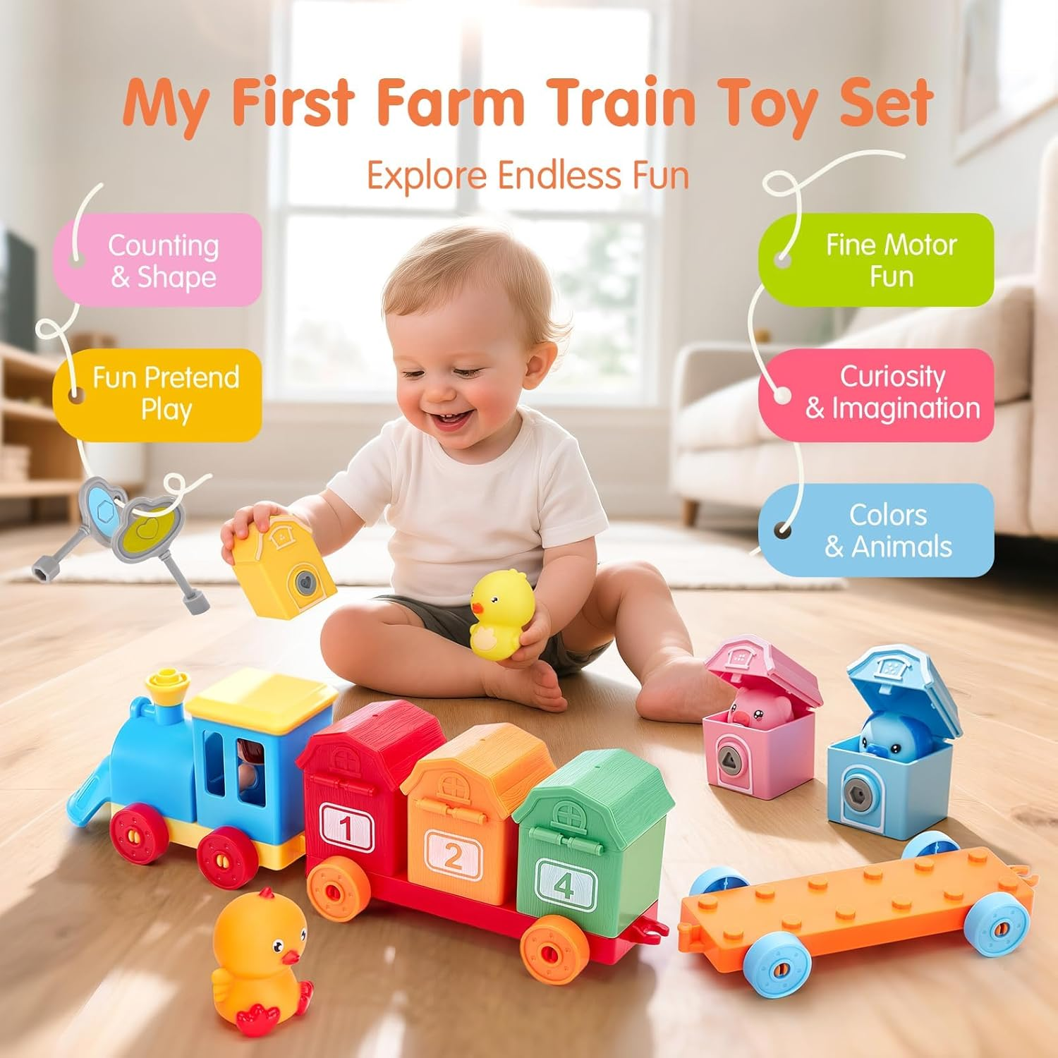 Toddler Train Set - Farm Animals, Barns, Keys, Montessori Counting & Sorting Toys image number 2