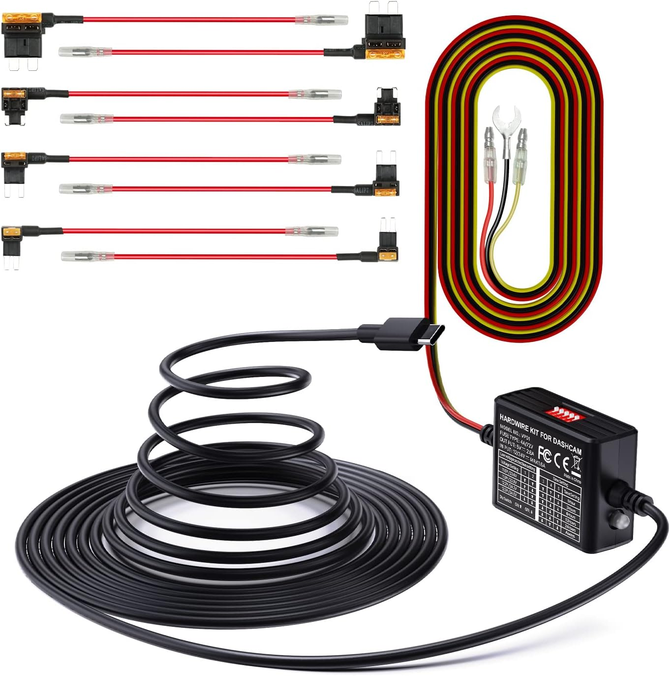 Vantrue 3-Lead Acc Hardwire Kit for Dash Cam, 5 Low Voltage Protection Options with Shifting Gear for Parking Mode, 14.8Ft Type C USB 12V-24V to 5V with Fuse Holders for N4P,N5S, N4 PRO S,E1P, E2,E360