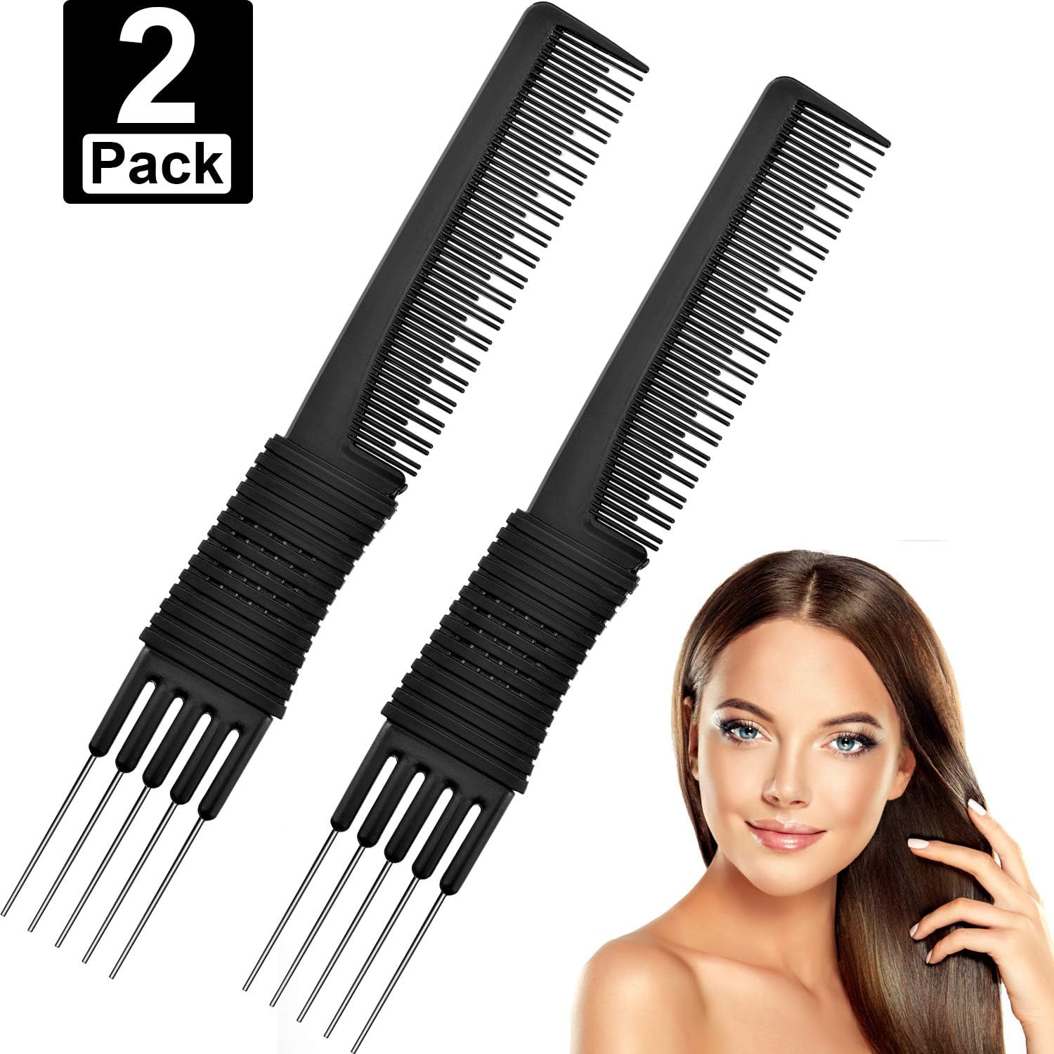 2 Pack Black Carbon Lift Teasing Combs with Metal Prong,Black Carbon Comb with Stainless Steel Lift for Hair Salon or Home Supplies (Style C) image number 4
