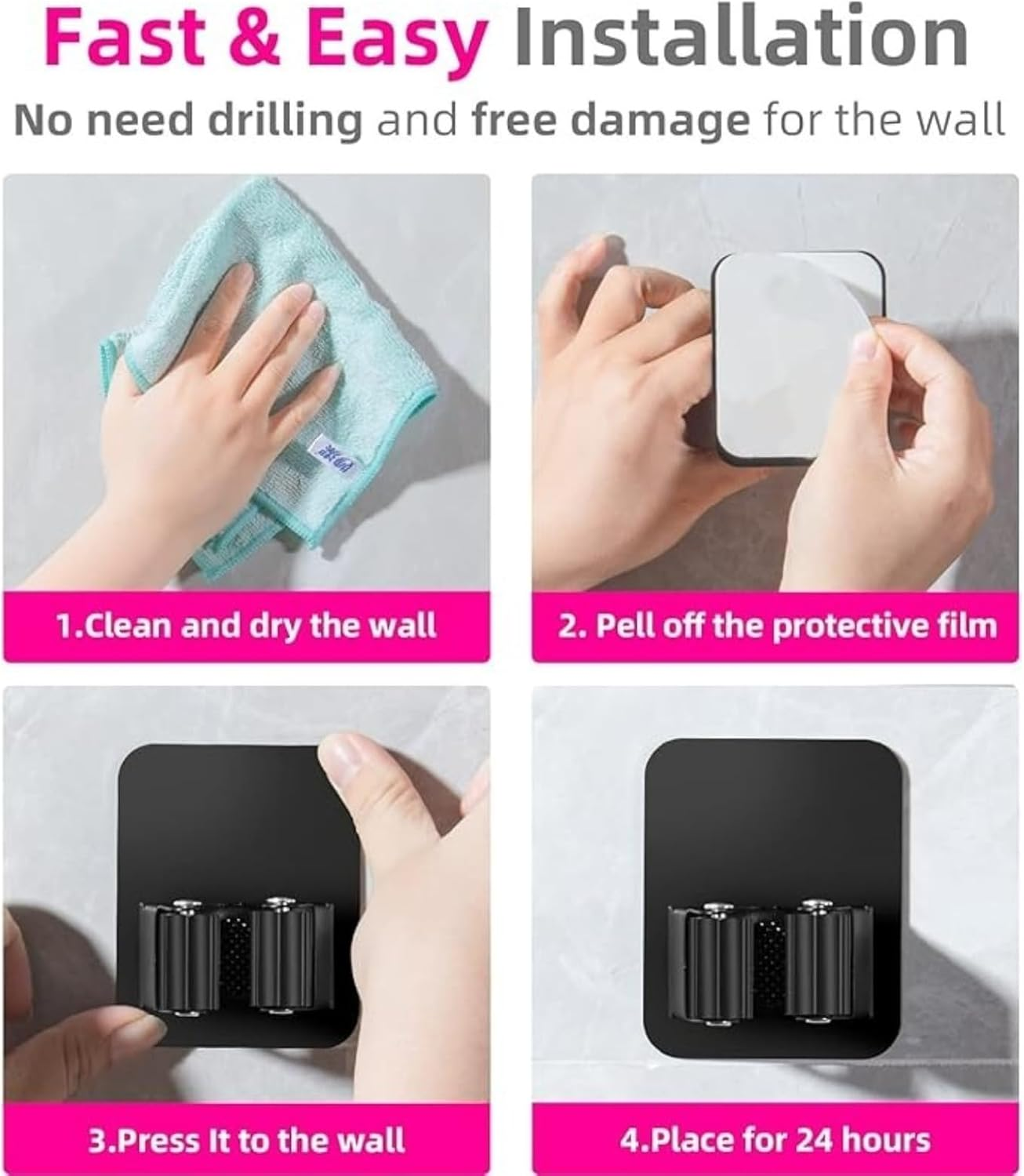 AUDWUD 4PCS Broom Holder Wall Mount，Space-Saving, Stainless Steel, Black,Anti-Slip Mop Holder Wall Mount, Self Adhesive Broom Organizer Hanger Gripper for Bathroom, Kitchen, Laundry Room Storage image number 2