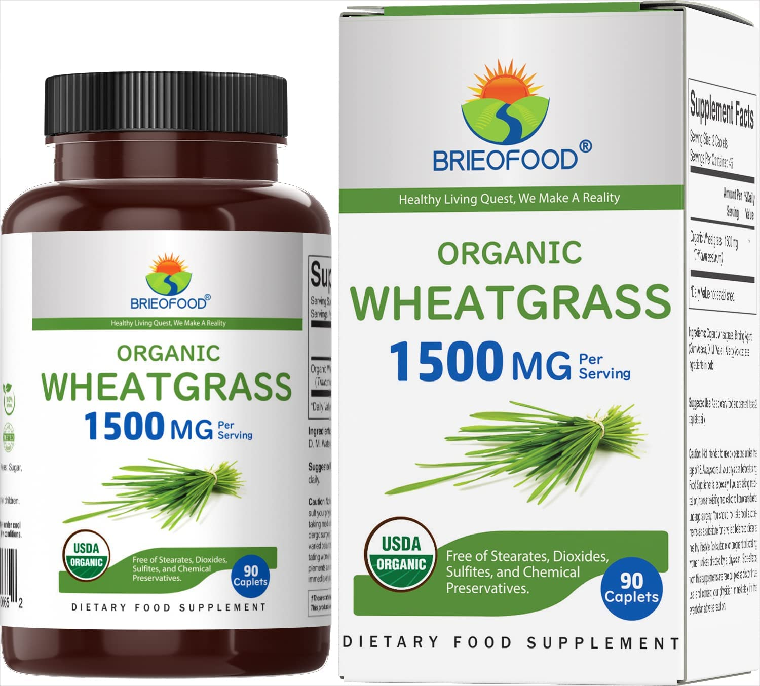 Brieofood Organic Wheatgrass 1500Mg, 45 Servings, Vegetarian, Gluten Free, 90 Vegetarian Tablets image number 1
