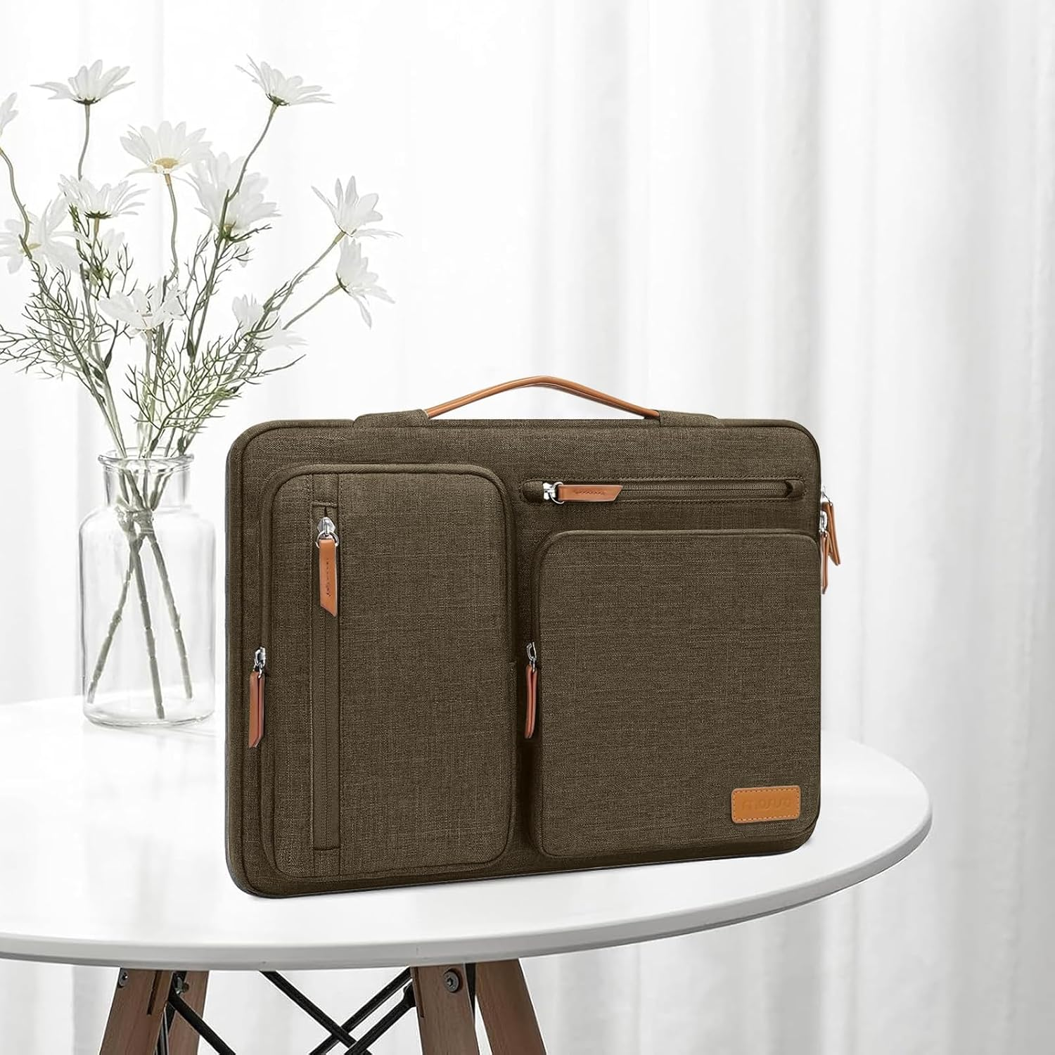 MOSISO 360 Protective Laptop Sleeve Compatible with Macbook Air 15 Inch M3 M2 2024 2023 / Pro 15 A1990 A1707, Surface Laptop, HP Stream 14, Side Open Bag with 4 Zipper Pockets&Handle, Carob Brown image number 4