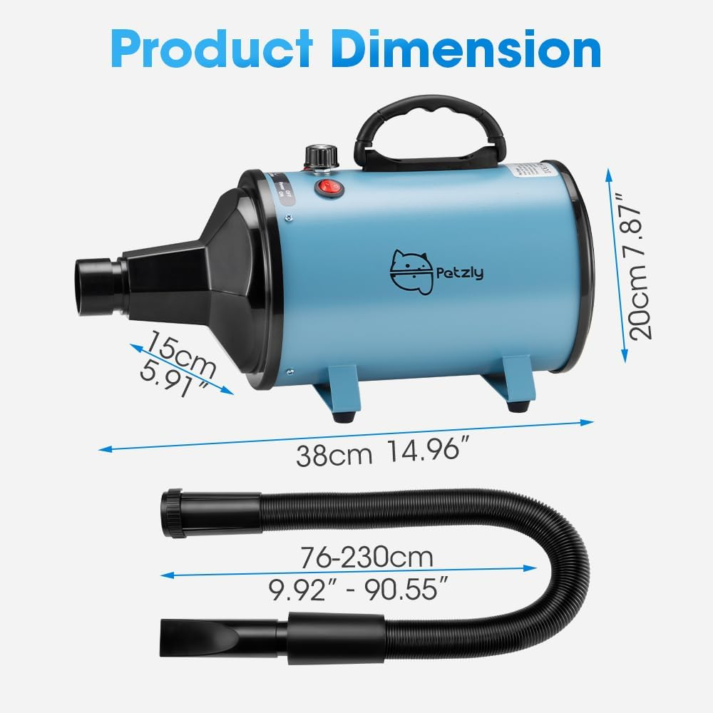 Petzly Dog Dryer for Pet Grooming, 3200W High Velocity Force Blow Pet Dryer, Adjustable Speed & Temperature Control Dog Blow Dryer, Quiet Dog Hair Dryer with 3 Nozzle image number 3