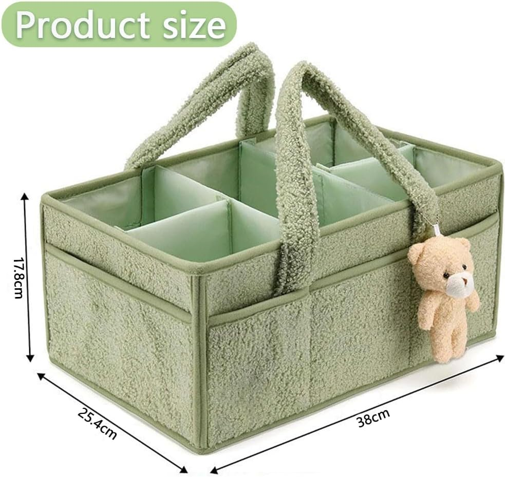 Baby Diaper Caddy Organizer with Handle, Portable Large Nursery Storage Basket with Pocket for Diapers, Wipes, Changing Table, Car & Travel &ndash; Gender Neutral Baby Storage Tote, Green image number 3