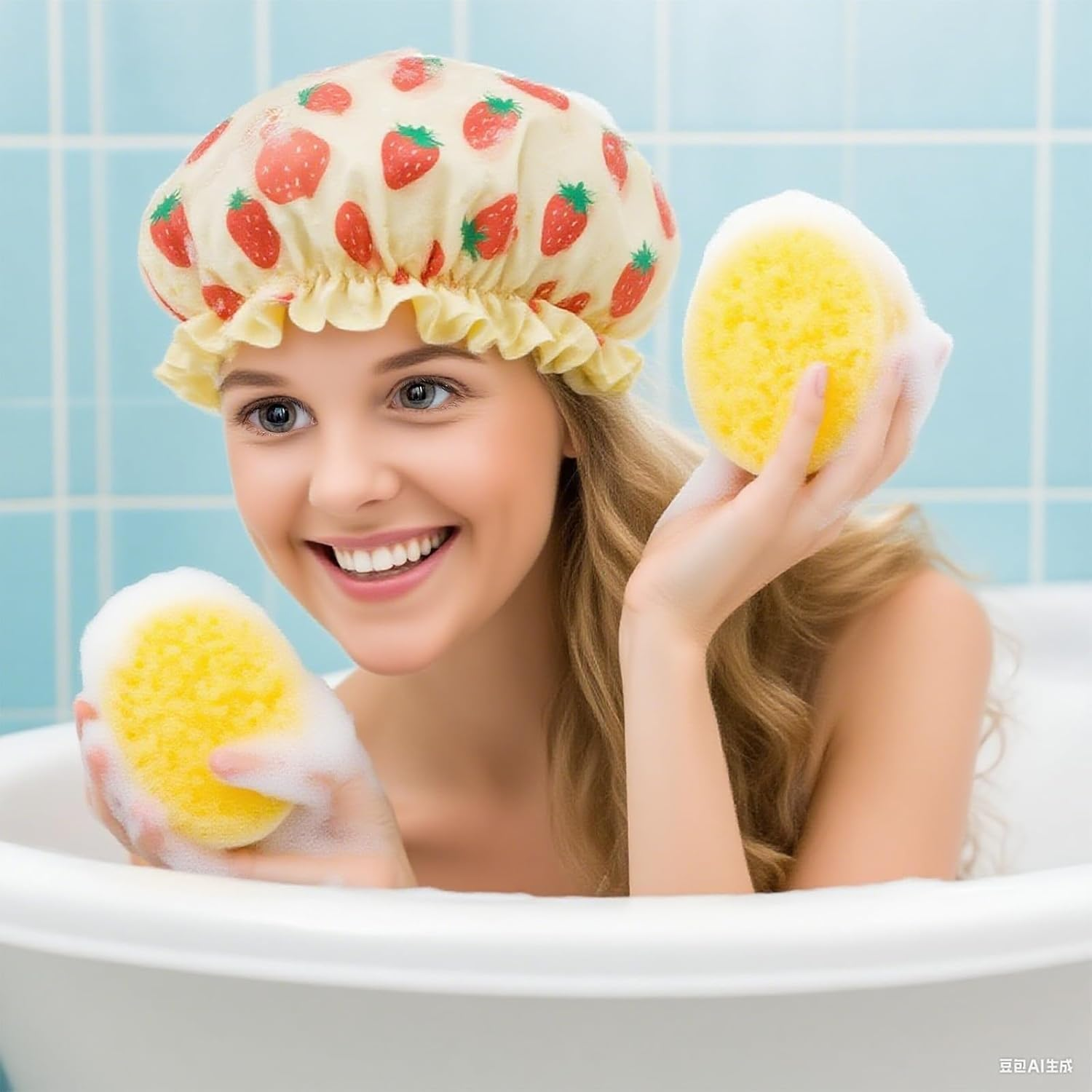 2 PCS Shower Caps with 2 Hair Ties - Waterproof Double Layer Cute Rabbit Bonnets, Satin & PEVA Soft Sleeping Cap with Elastic Band