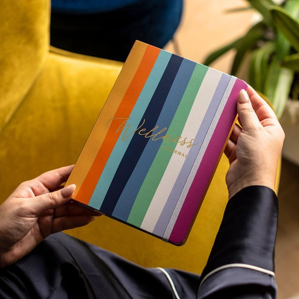 Busy B Wellness Journal - Stripe Cover - Compact Journal for Prioritising Self Care - A5 Undated Day a Page Layout, Space to Track Daily Priorities, Intentions, Thoughts, Notes & Elastic Closure Band image number 1