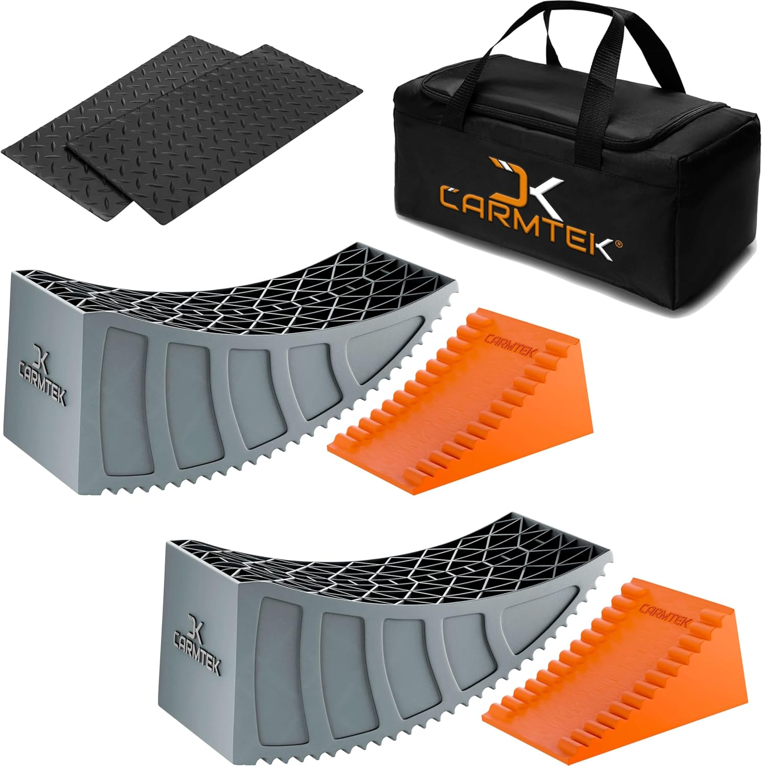 CARMTEK Camper Leveler Premium Kit | 6 Inch RV Levelers with Wheel Chocks, Rubber Mats & Carry Bag for Travel Trailers | Faster RV Leveling System than RV Leveling Blocks | RV Accessories image number 1