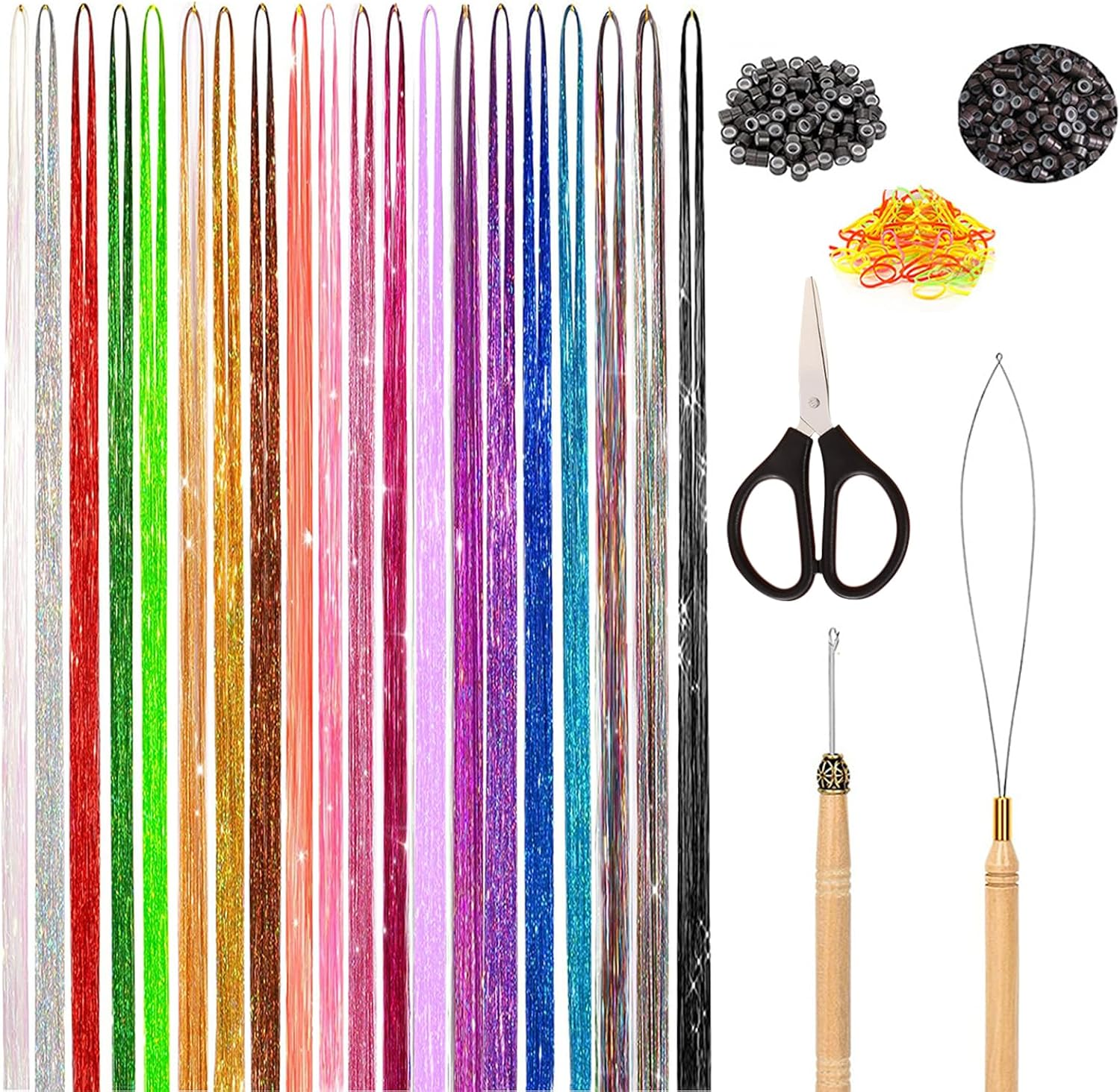 VEGCOO Coloured Hair Extensions 4400 Strands, Hair Tinsel Kit 20 Colors with Tools, Glitter Synthetic Straight Hair Extension Clips Party Highlights Hair Accessories for Kids Girls Women image number 3