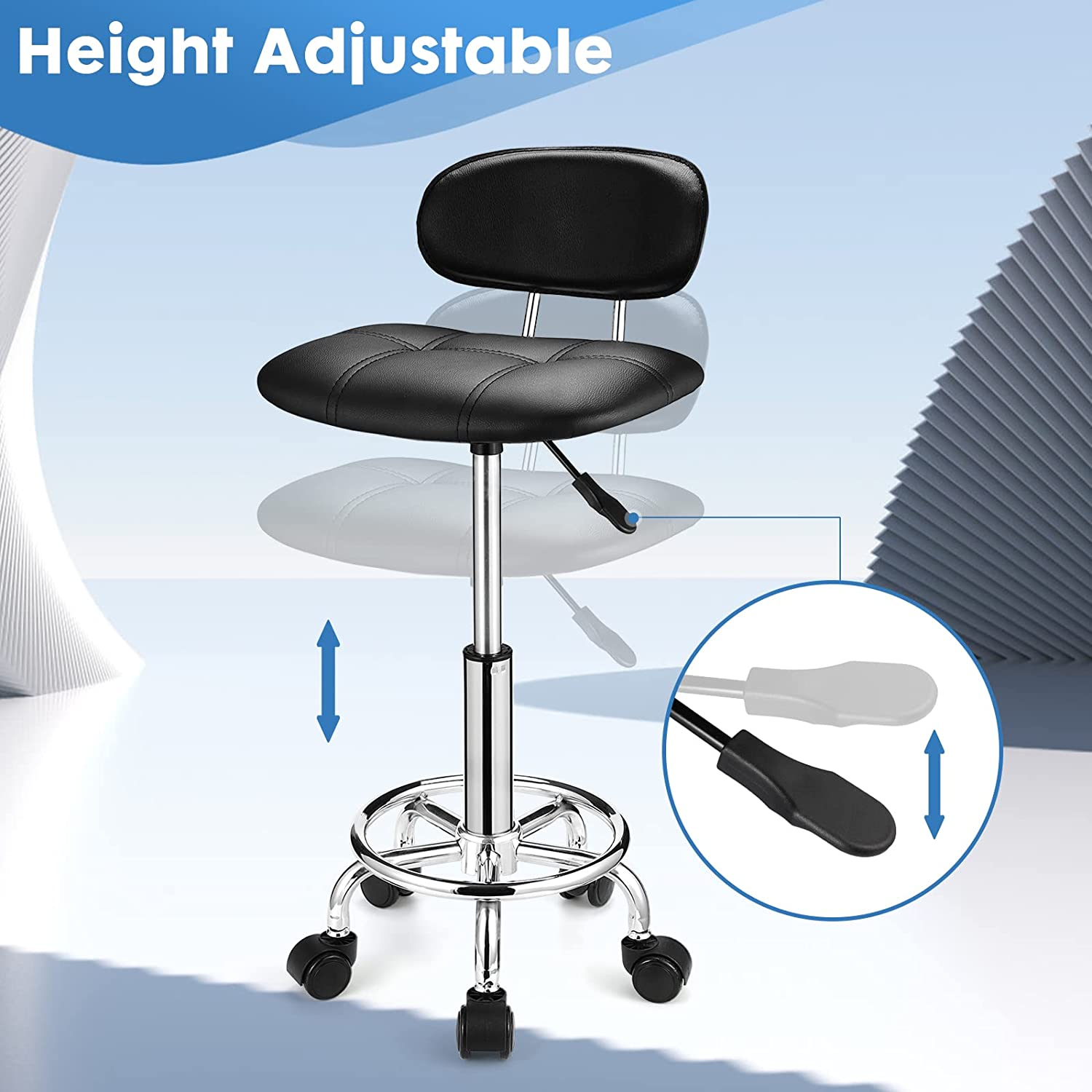 Square Rolling Stools with Backrest Height Adjustable Swivel Stool with Wheels Black image number 4
