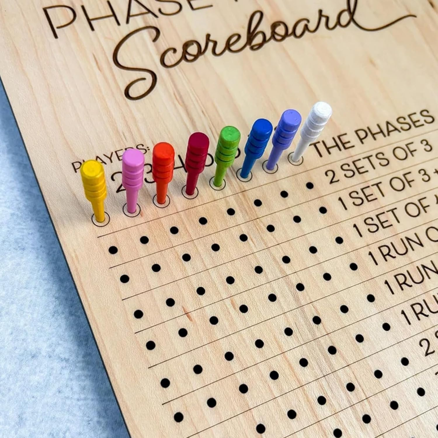 Phase 10 Score Board, Wooden Phase 10 Score Sheets with 8 Colored Pegs, 10 Scorecard and round Tracker, Classic Family Adults Board Card Games Night Table Score Boards (Scoreboards-1Pcs)