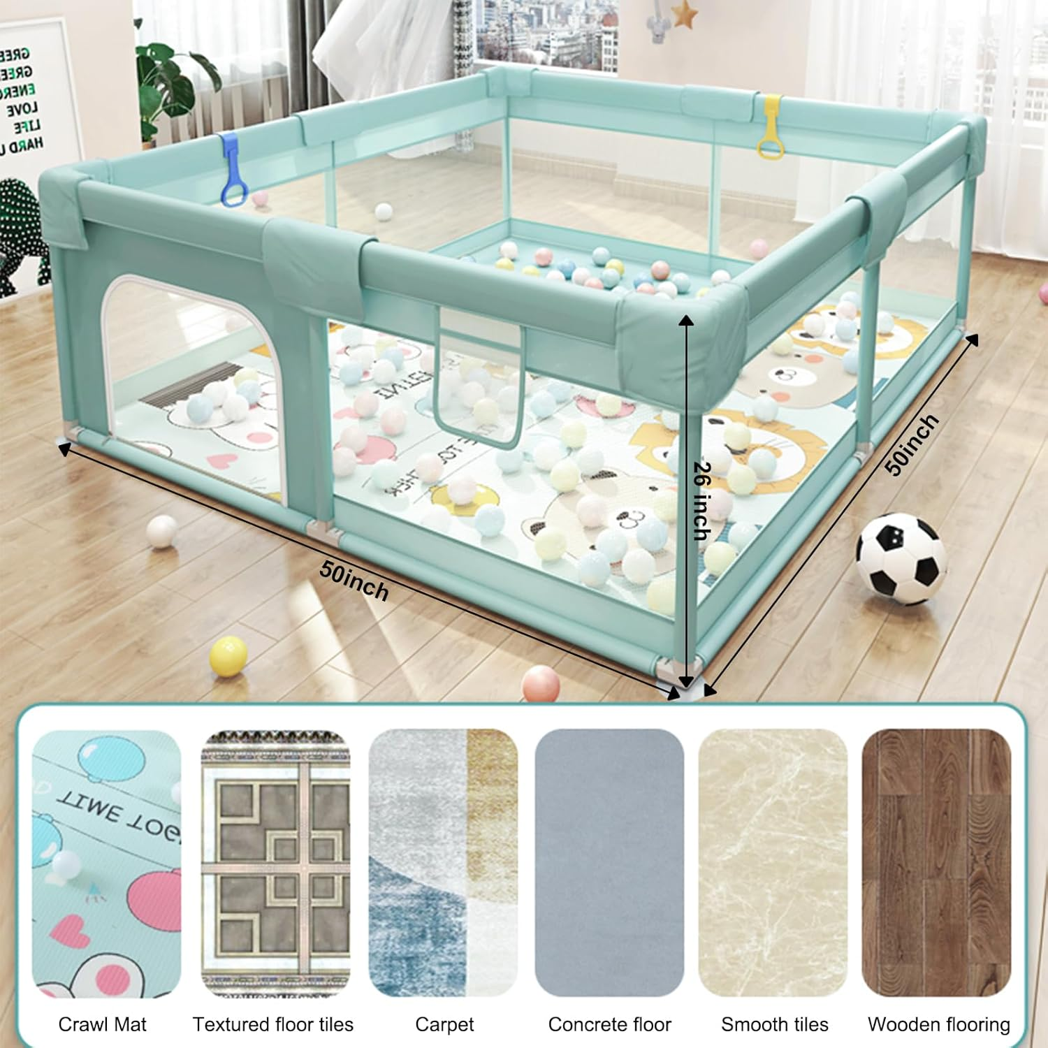 Sulishang Baby Playpen, 127X127X66Cm Baby Playard, Playpen for Toddler with Zip Gate, Indoor & Outdoor Kids Activity Center, Safety Play Yard with Soft Breathable Mesh, Green (No Mat) image number 3