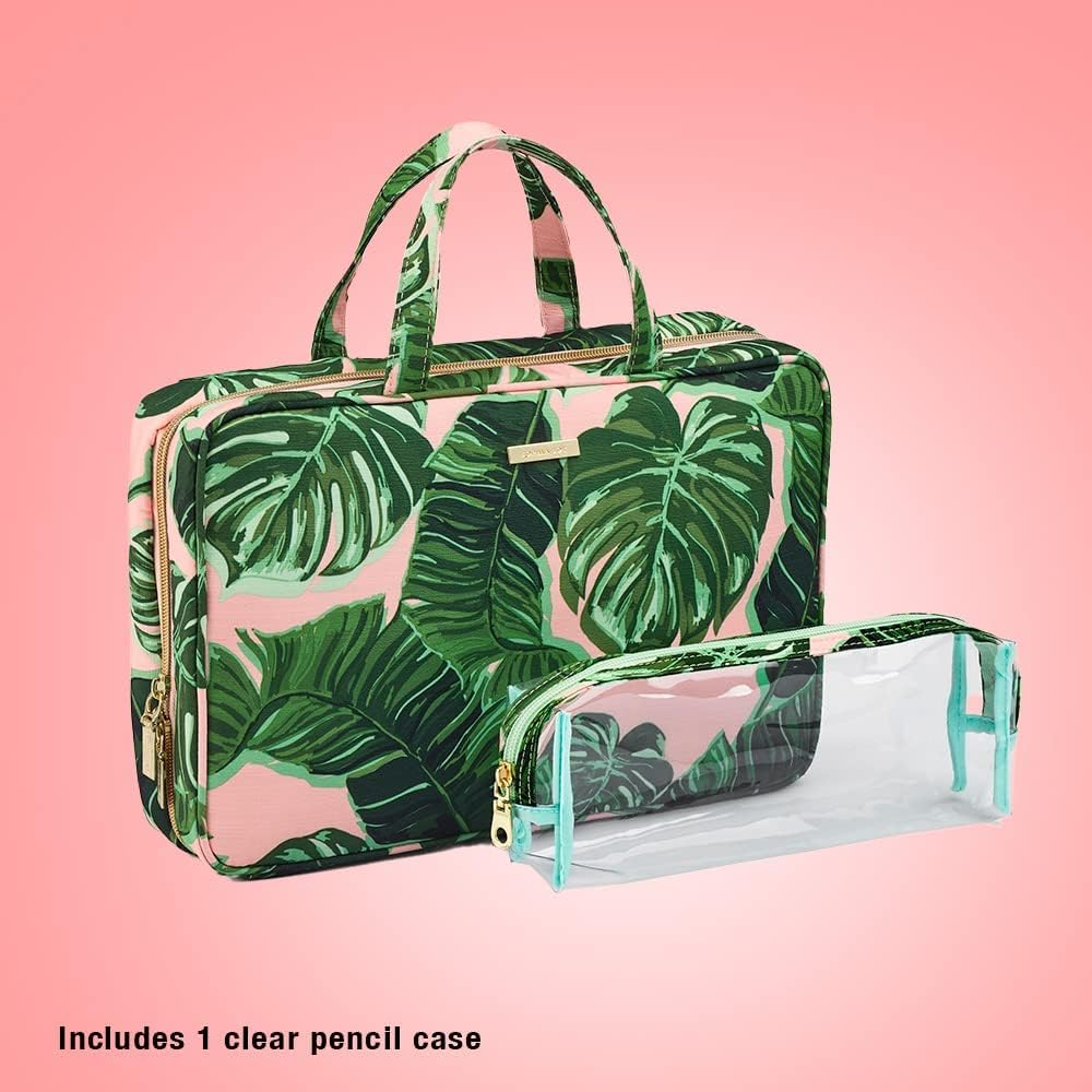 Conair Travel Makeup Bag, Large Toiletry and Cosmetic Bag with Internal Organizer, Perfect for Weekend Getaways or Long Vacations, Weekender Shape in Pink Palm Print image number 3