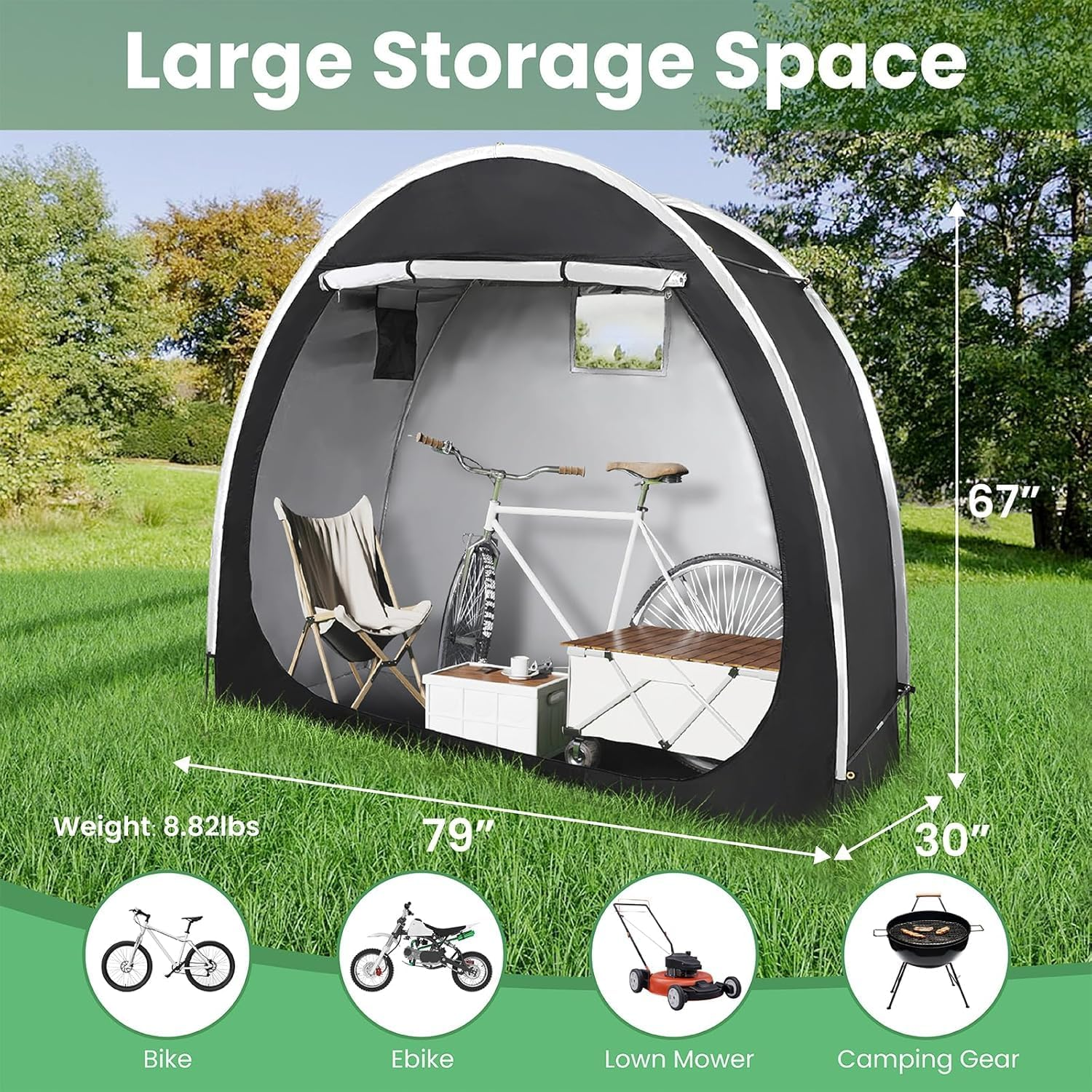 Bike Storage Tent Shed, Upgraded Portable Bicycle Storage Sheds with 210D Oxford Fabric PU5000 Waterproof, outside Bicycle Covers Shelter, for Home Garden, Bikes Motorcycle, Garden Tools (Black) - Black image number 5