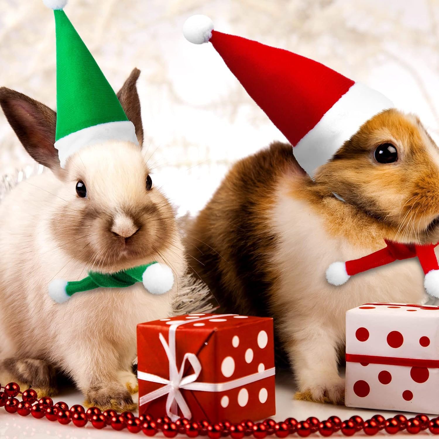 12 Pieces Small Animal Christmas Costume Mini Santa Hat and Scarf Xmas Guinea Pig Adjustable Warm Stripe Knit Scarf and Buffalo Plaid Hat for Rabbit Hamster Guinea Pig Bunny Chinchilla Small Pets image number 4